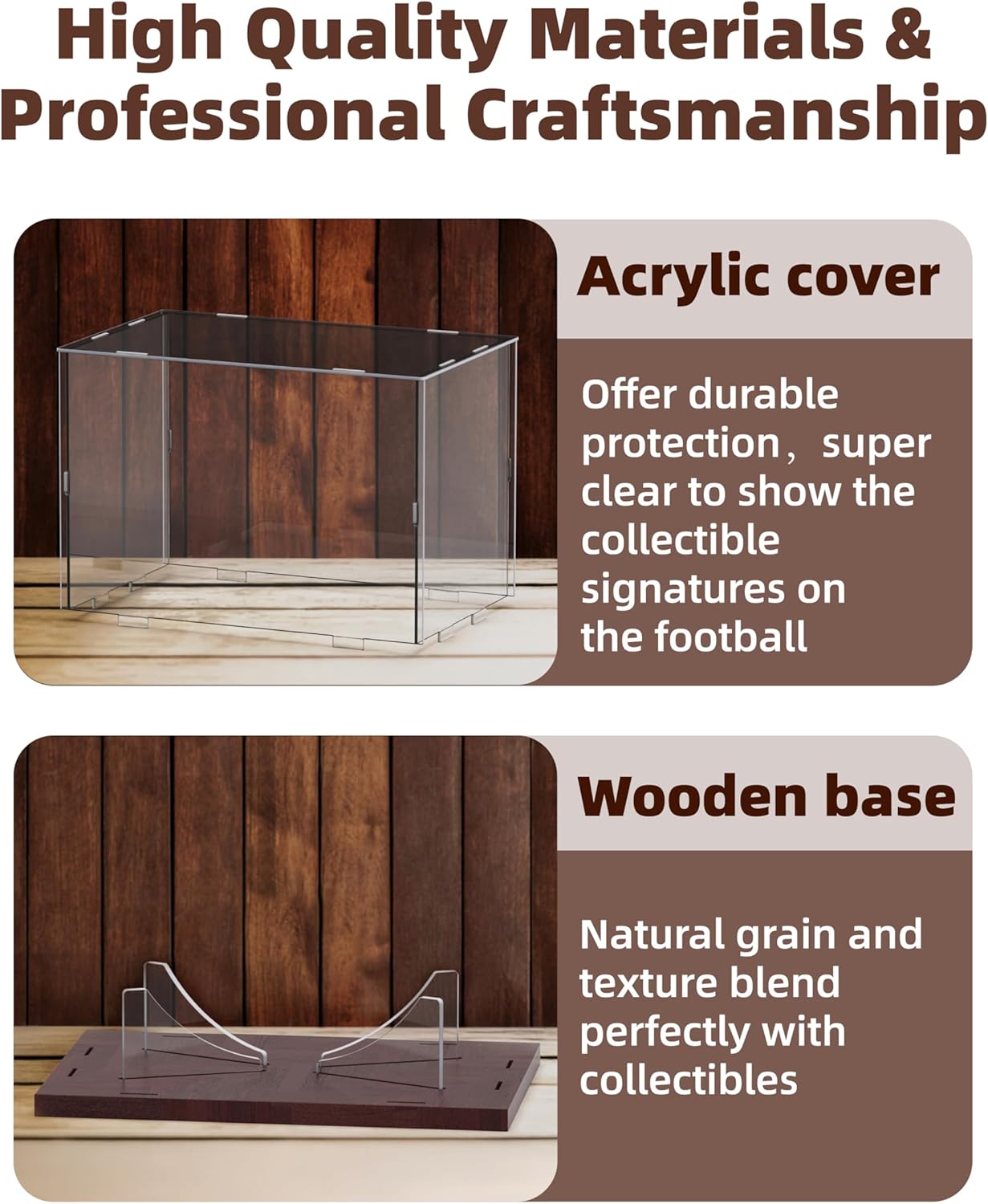Football Display Case Acrylic Clear, Football Stand Holder Full Size with Solid Wood Base, UV Protected Football Display Box with Removable for Football Fans & Collectors, Memorabilia & Gift