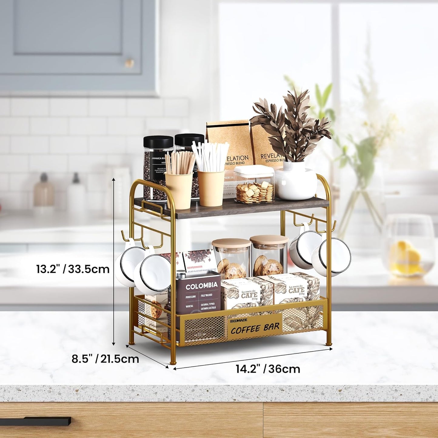 Coffee Bar Organizer for Countertop Station, Simple Assembly 2 Tier Shelf for Home,Office, Coffee Cup Holder Storage Organization for Counter Accessory Storage Rack with 4 Hooks Space-Saving