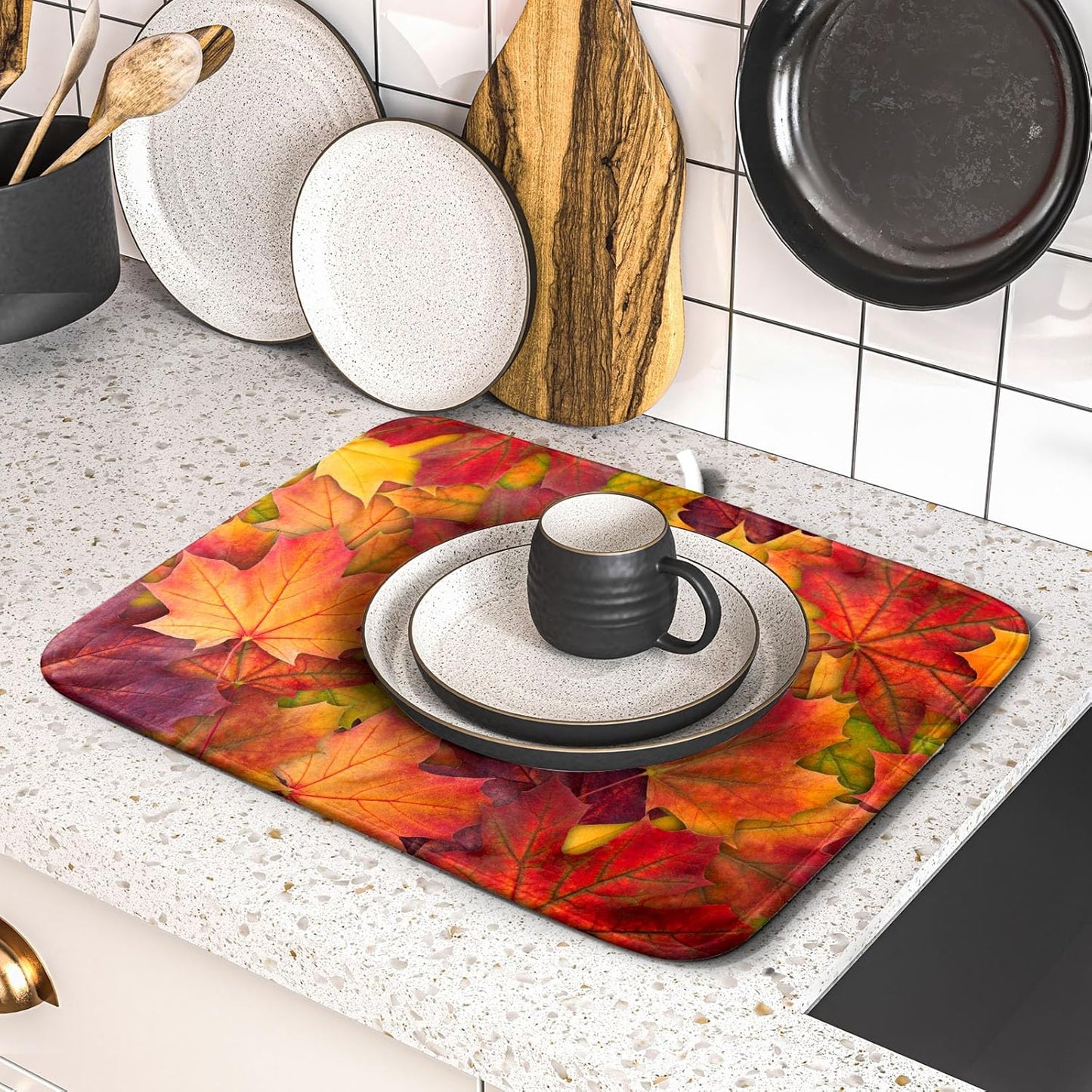 Colorful Autumn Maple Leaves Dish Drying Mat for Kitchen Counter Fall Drying Mat 16 x 18 Inch with Absorbent Reversible Microfiber Dish Drying Pad Dish Rack Drainer Mat for Coffee Bar