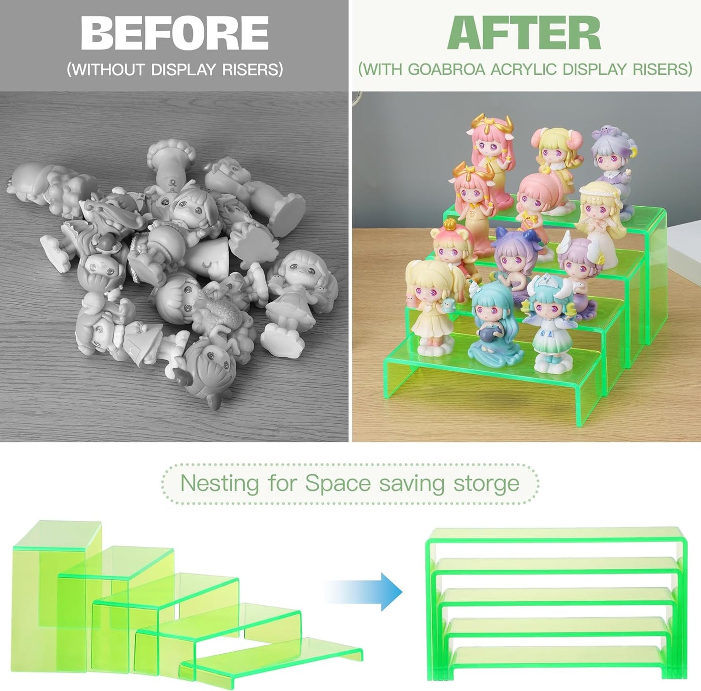 Goabroa Acrylic Display Risers, 2 Sets 10 Pcs Perfume Stand Organizer, Rectangular Acrylic Display Shelves for Figures, Cupcake, perfume, Wine Glass and Handbag, Transparent Green