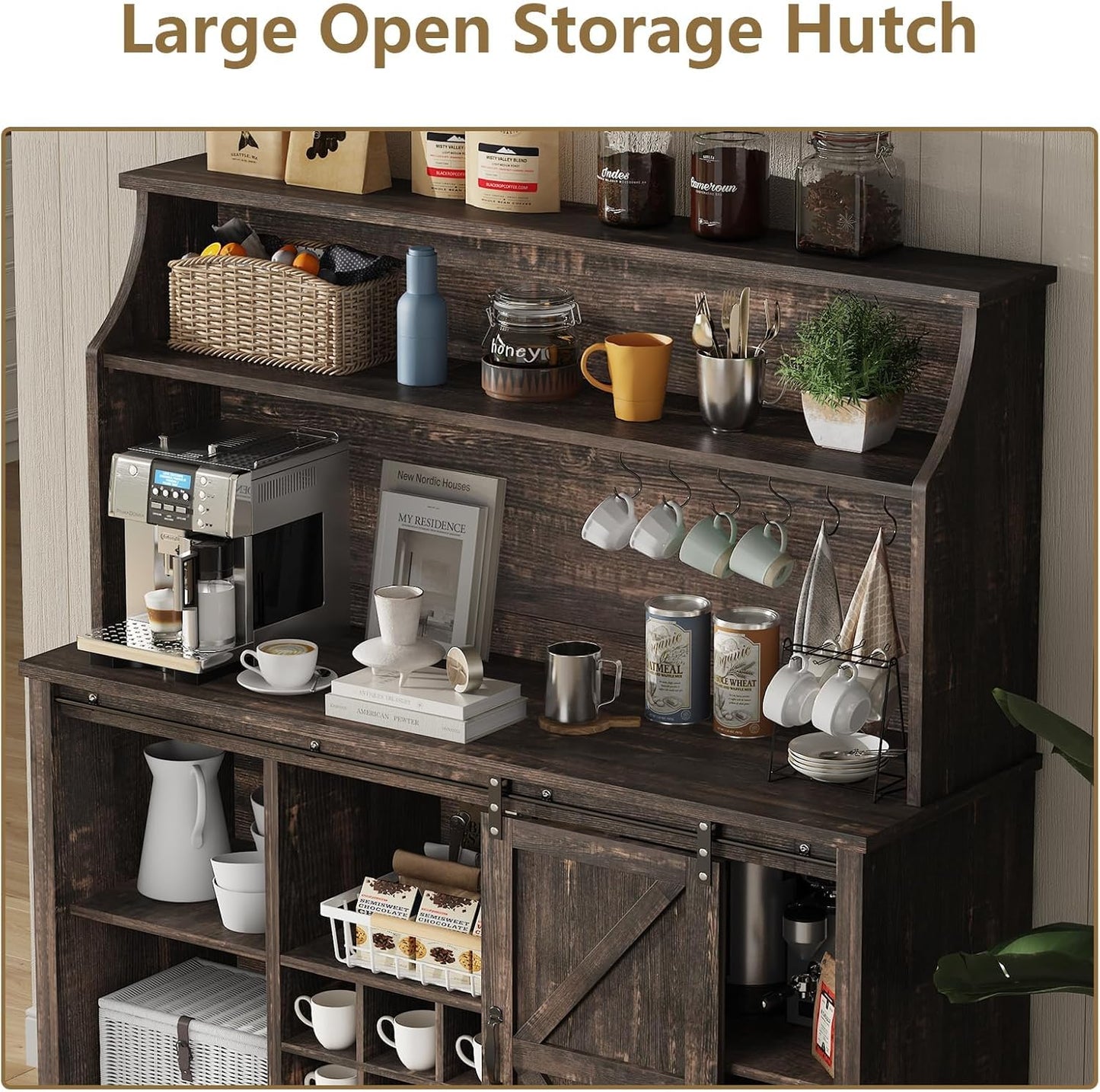 55 Inch Farmhouse Coffee Bar Cabinet with 3-Tier Storage, Kitchen Hutch with12 Wine Racks & 3 Glass Holders, Coffee Bar with 6 Hooks, Wine Bar Cabinet for Dining Living Room, Oak