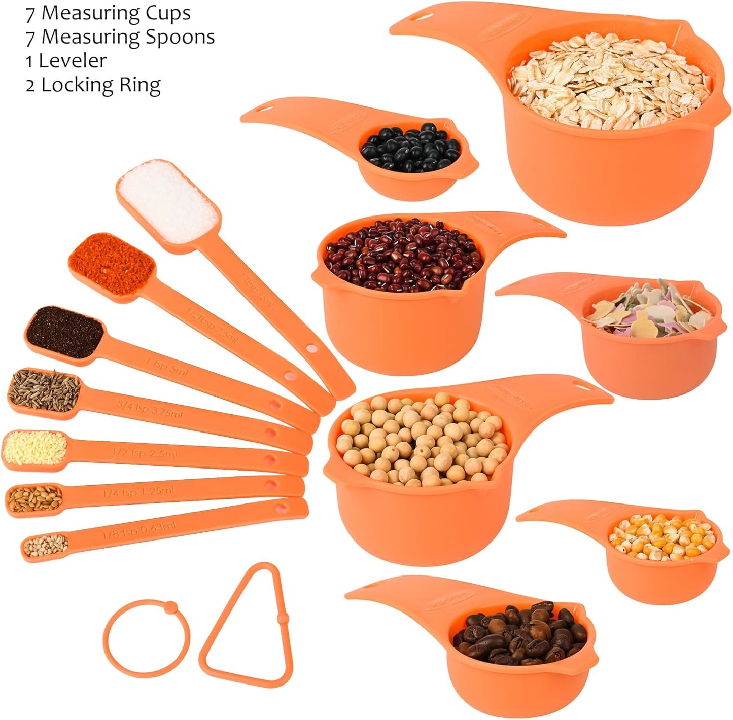 Orange Measuring Cups and Spoons Set 15, 7 Plastic Measuring Cup Set, 7 Spice Long Handle Measuring Spoons with 1 Leveler for Kitchen and Baking, Dry Metric Measure Cups & Spoons Set