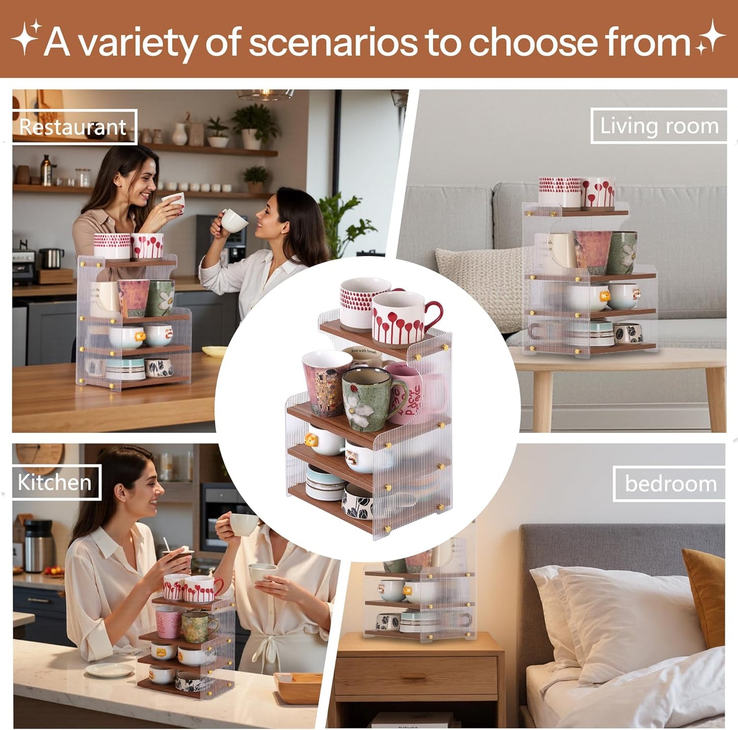 Coffee Mug Holder Wooden Cup Station Organizer 4-Tier Cup Holder for Coffee Bar Mug Display Rack for Countertop Mug Holder Shelf for Home Kitchen Wood