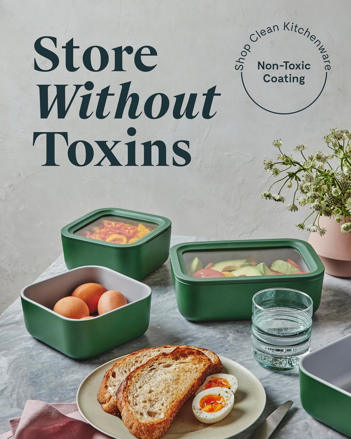 Caraway 2pc Glass Food Storage Set - 6.6 Cup Food Containers (2) - Ceramic Coated - Non Toxic, Non Stick Lunch Box with Lids. Dishwasher, Oven, & Microwave Safe - Navy