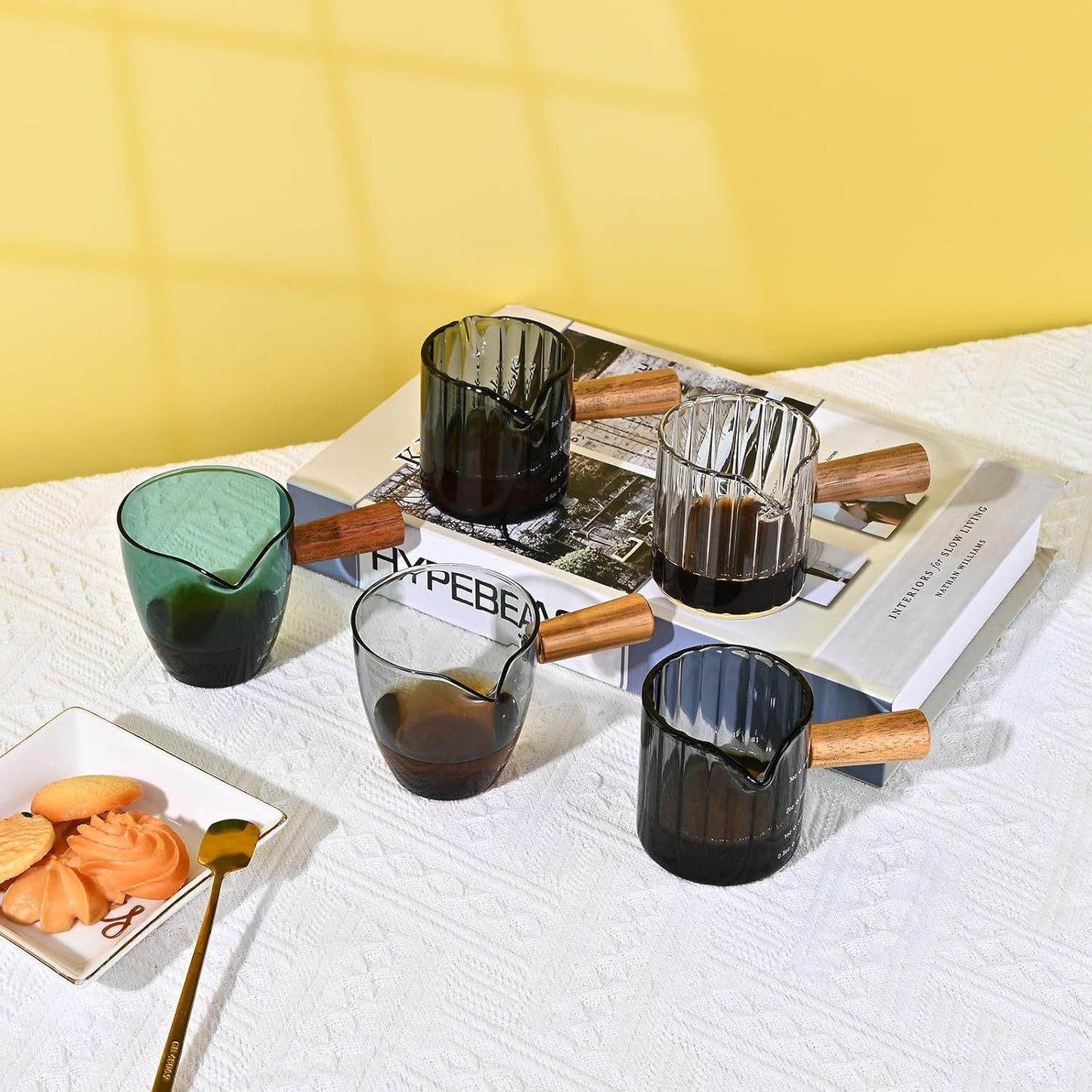 Glass Measuring Cup, 3oz Espresso Shot Glass with Wood Handle, Single Spout Measuring Cups Pitcher Milk Cup Coffee Shot Glasses (Gray Ribbed)