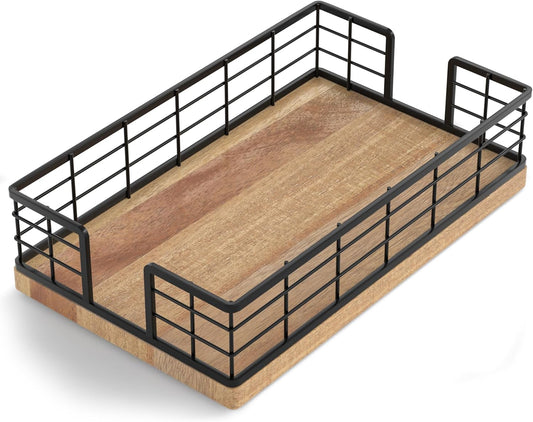 Wican Guest Towel Holder Tray for Bathroom, Acacia and Iron Napkins Holder for Powder Room Dinning Table Wooden Basket for Disposable Paper Hand Towels Black and Acacia