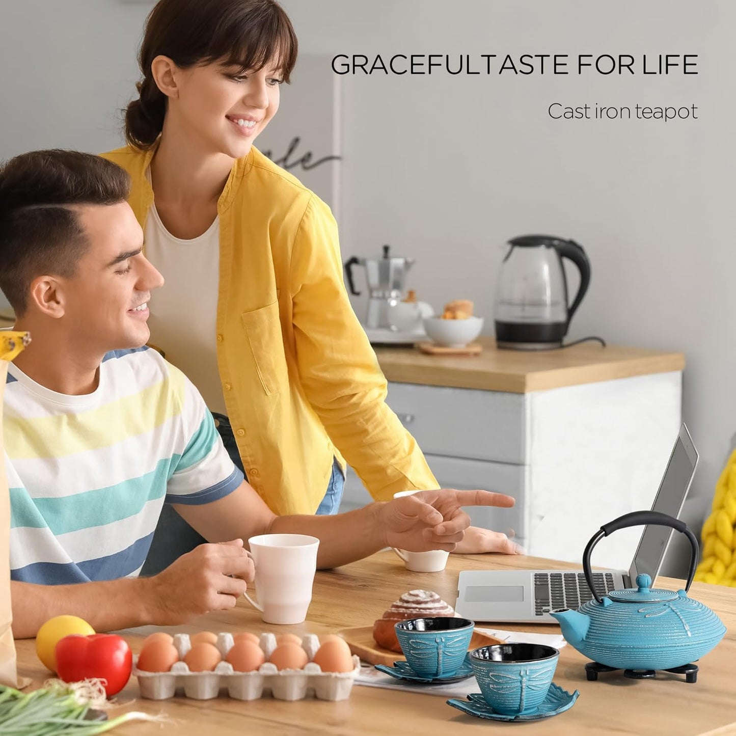 Cast Iron Teapot Set with 2 Tea Cups, 7 Pcs Japanese Tea Kettle with Stainless Steel Infuser, Tea Pot Coated with Enameled Interior, Dragonfly Pattern, 28oz 800ml Blue