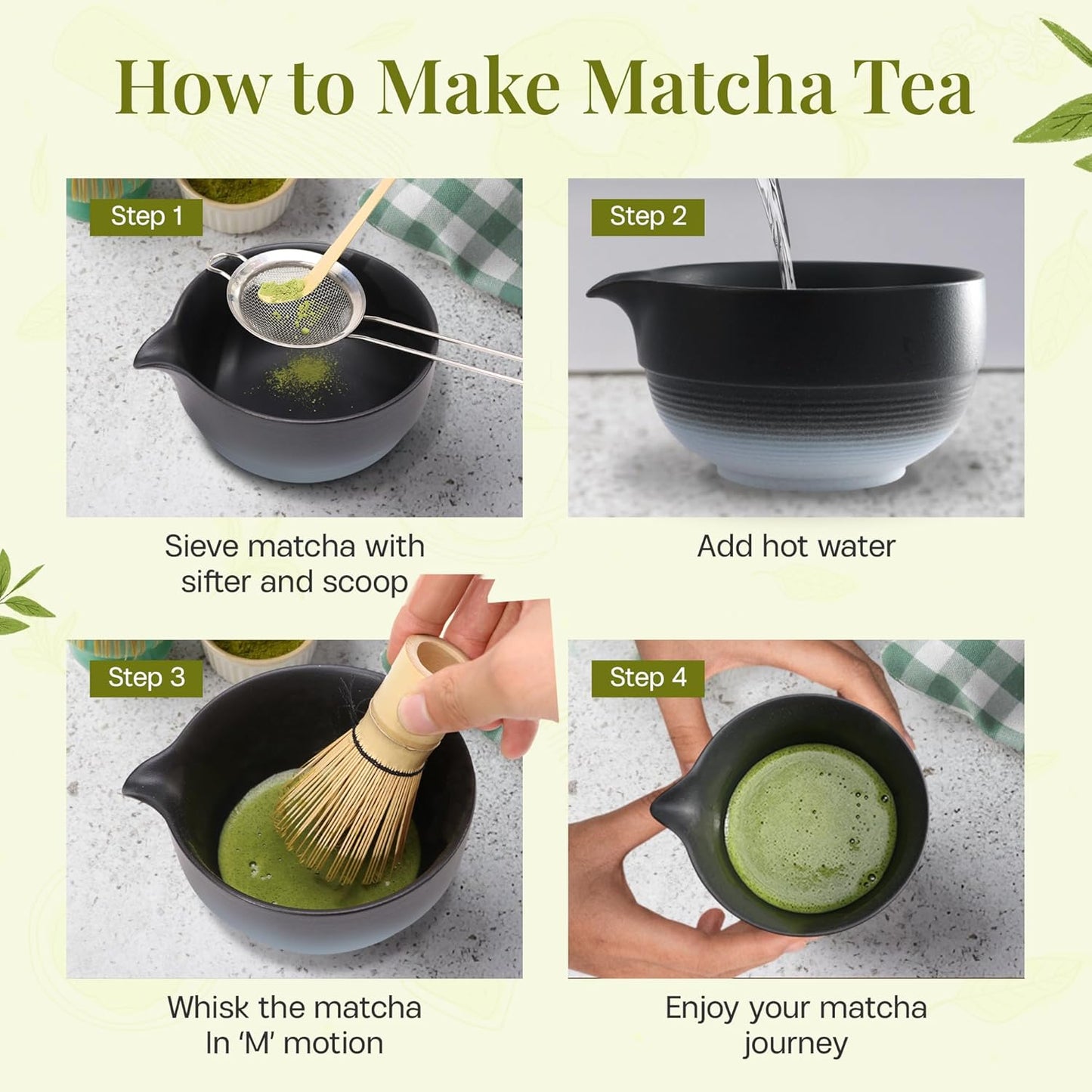 Matcha Whisk Set,includes Matcha Bowl,Matcha Whisk and Holder by Bamboo, Spout, Matcha Sifter Strainer Spoon Scoop Chasen Holder Towel- Perfect Japanese Matcha Set(8 Pcs White)