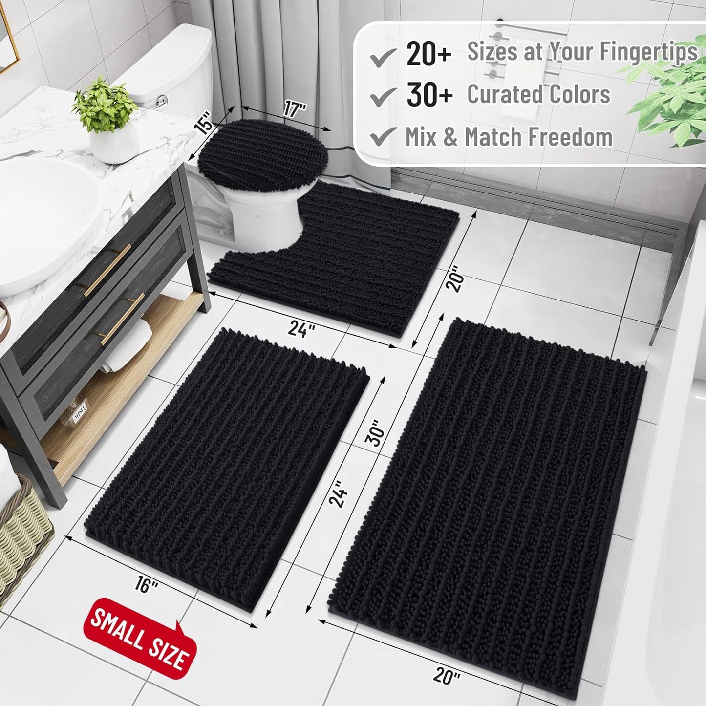 Arotive Luxury Chenille Bathroom Rug Mat, Extra Soft Thick Absorbent Shaggy Bath Rugs, Non-Slip Machine Wash Dry, Plush Bath Mats for Bathroom, Shower and Tub, 36x24, Black