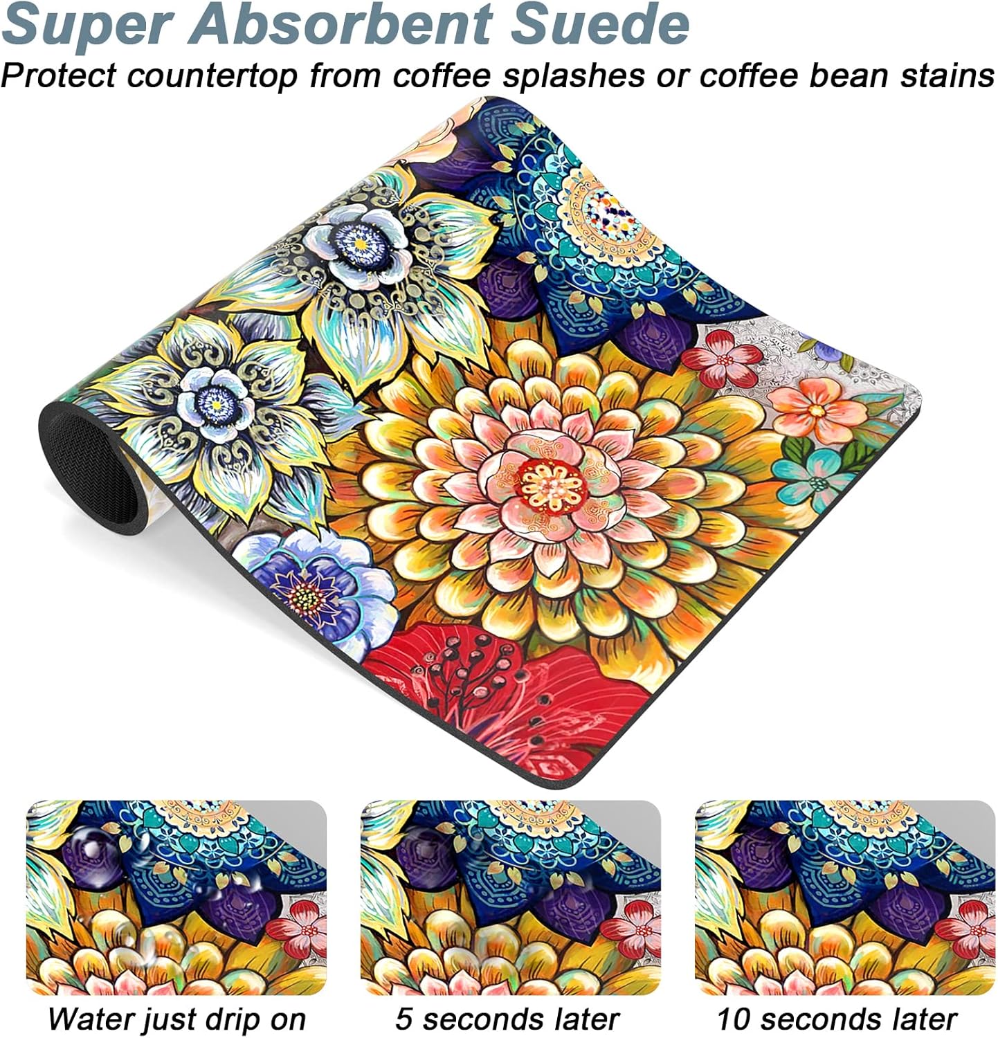 Rnivvi Coffee Mat, 16" x 24" Cute Flower Theme Coffee Bar Mats for Espresso Machine Station Accessories and Organizer, Hide Stain Rubber Backed Absorbent Dish Drying Pad for Kitchen Counter, Mandala