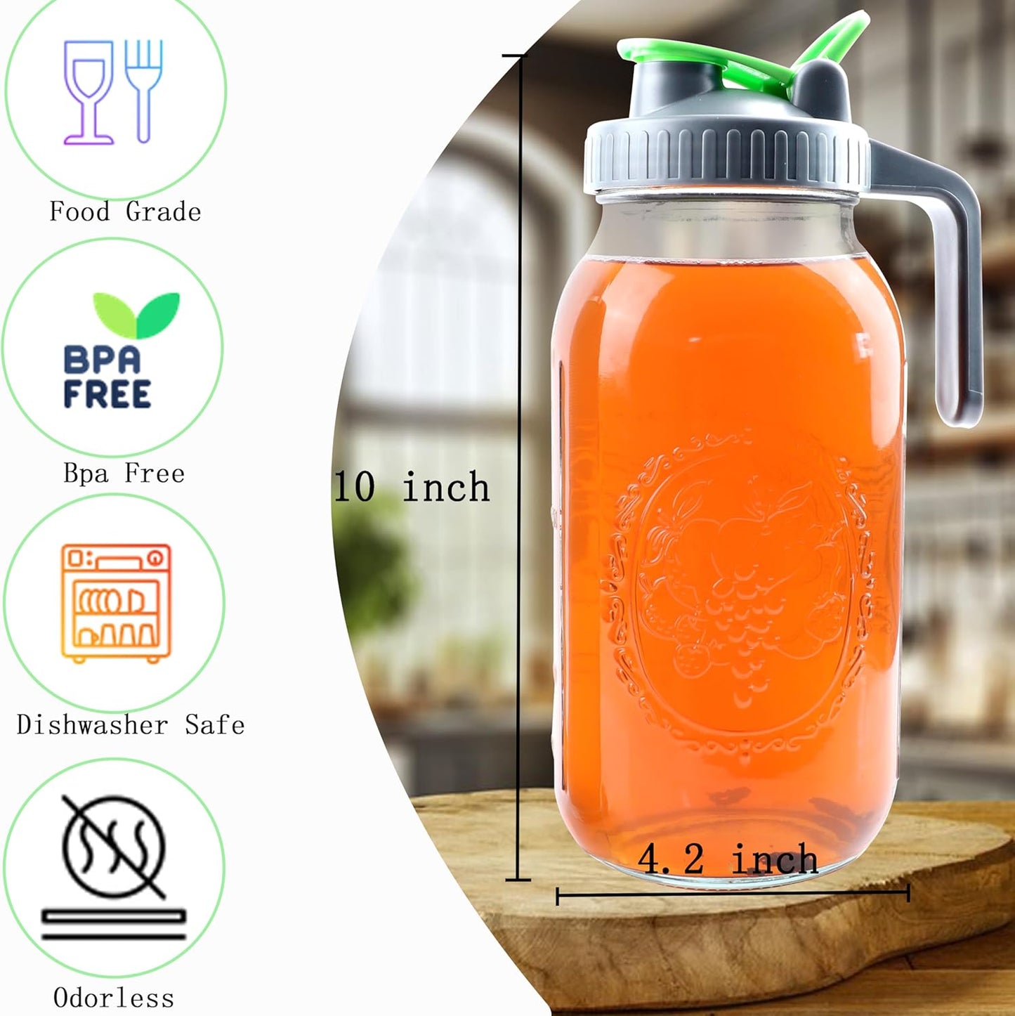 64 Oz Mason Jar Cold Brew Coffee Tea Maker With Food Grade Filter Infuser 2 Quart Glass Pitcher With Lid Half Gallon Iced Hot Tea Pitchers Leak-Proof Jug For Coffee Sun Tea Juice Lemonade Cold Brew