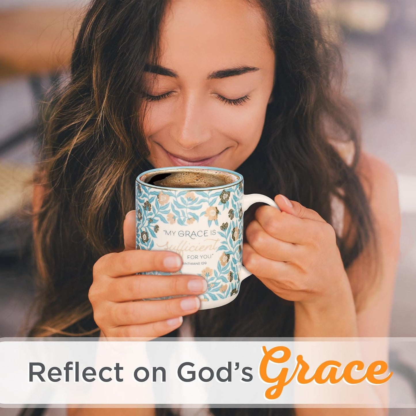 Christian Art Gifts Teal Floral Ceramic Coffee Mug – 14 oz. Lead and Cadmium-free Inspirational Scripture Coffee and Tea Mug for Women with Bible Verse: My Grace is Sufficient – 2 Corinthian 12:9