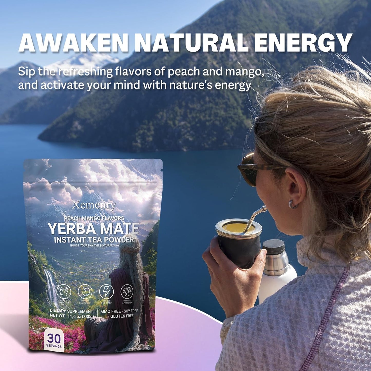 Yerba Mate Tea Powder - Peach Mango, Clean Energy & Focus with L-Theanine, Gut Health Support with Prebiotics, No Crash, 11.6oz (30 Servings)