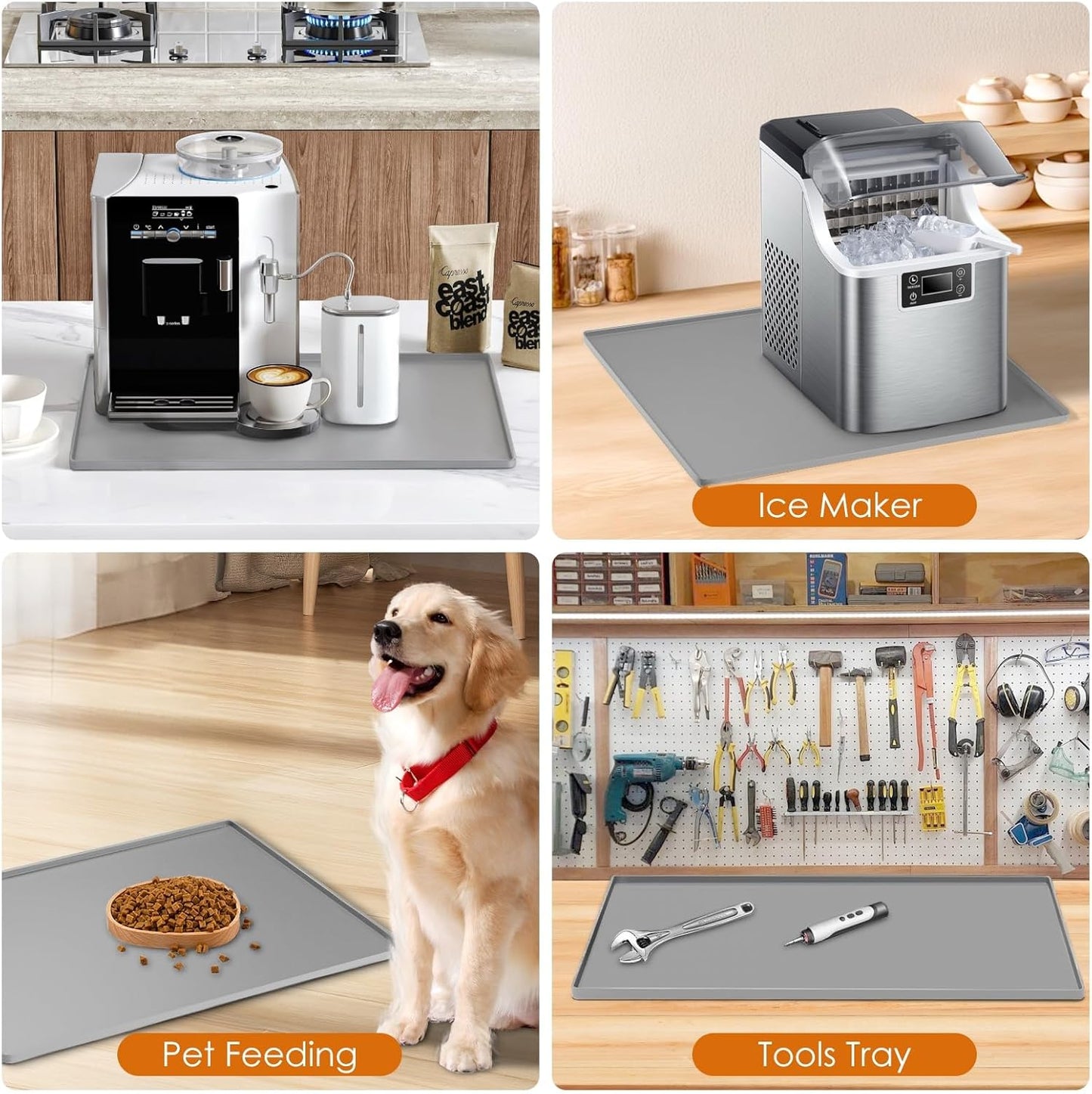 Silicone Coffee Mat with Raised Edges, 20'' x 15'', Bar Countertops, Accessories Fit Under Coffee Maker Espresso Machine, Dish Drying Mat, Baking Mat (Gray)