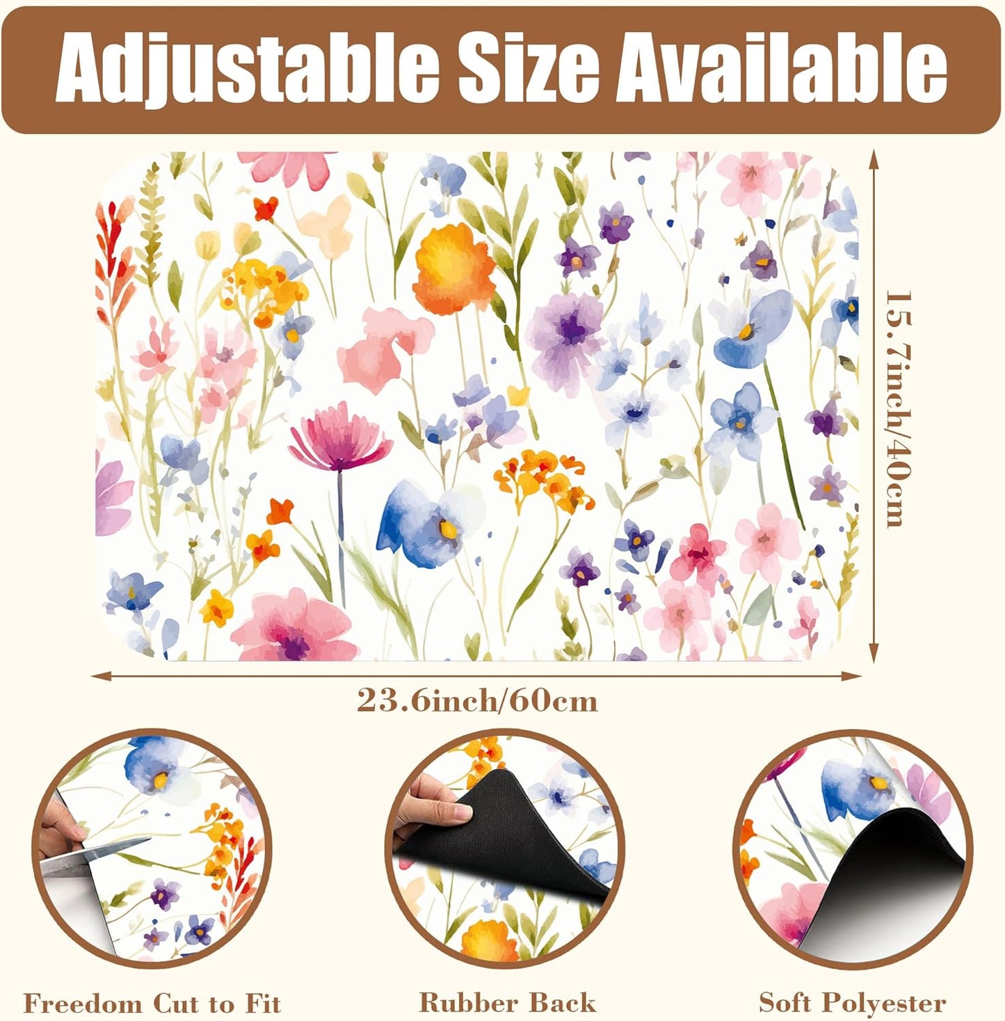 Watercolor Floral Meadow Coffee Mat Absorbent Dish Drying Mat for Kitchen Counter Hide Stain Rubber Backed Coffee Bar Accessories Fit Under Espresso Machine, 15.7 x 23.6 Inch