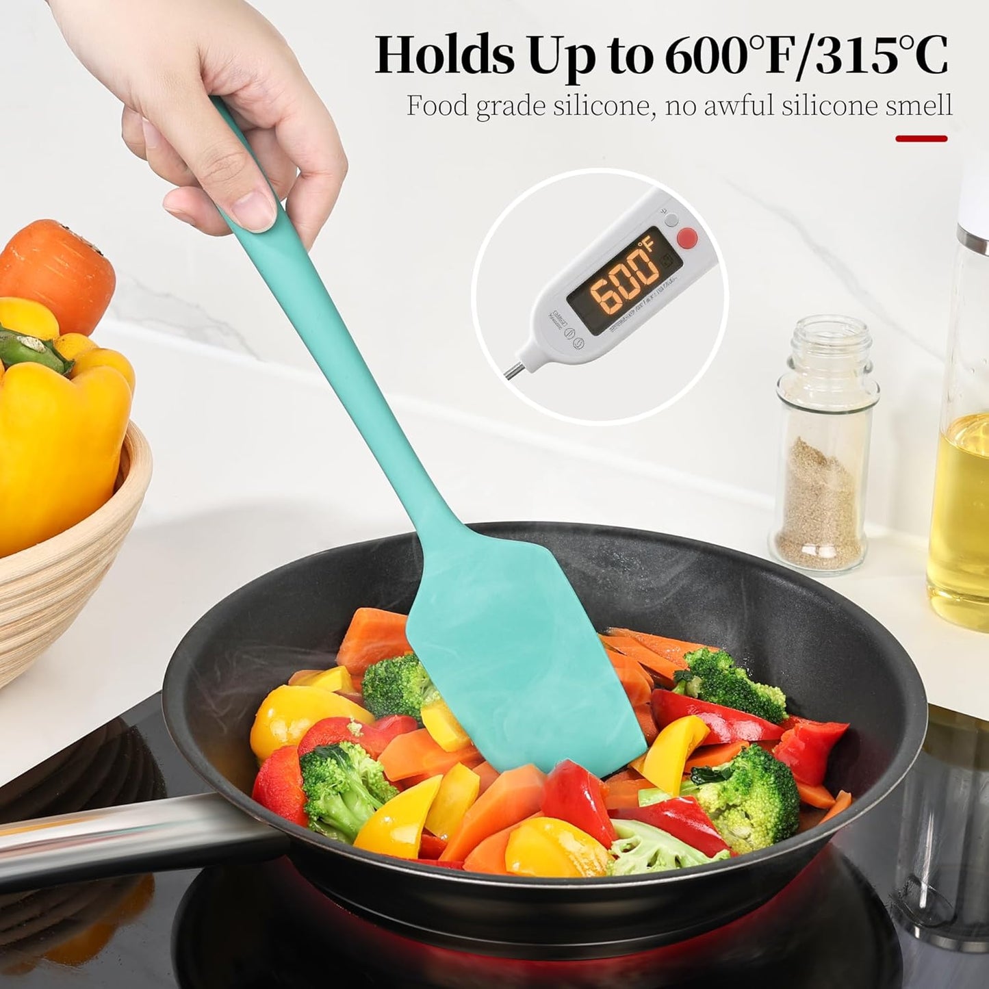 600ºF Heat Resistant Spatula, 11.34 inch High Heat Food Safe Semless Kitchen Silicone Scraper for Cooking Baking Mixing Scraping Stirring Nonstick Cookware Pan Bowl (Turquoise)