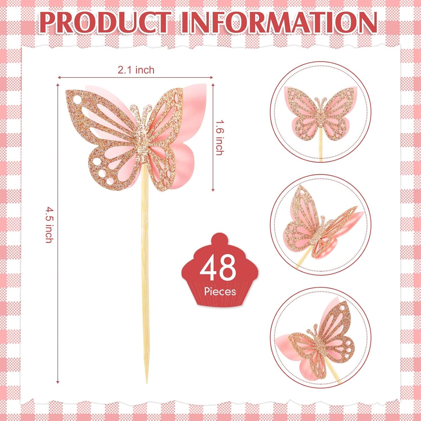 Chinco 48 Pcs Butterfly Cupcake Toppers Assembled Double Layer Cupcake Topper 3D Glitter Cake Topper Butterfly Cocktail Pick Decoration for Baby Shower Birthday Wedding(Pink,Classic Style)