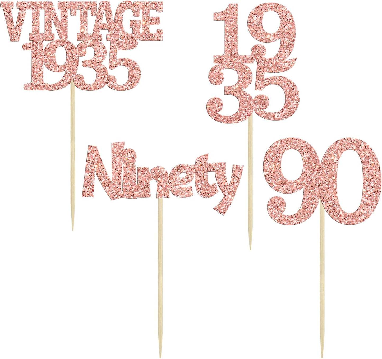 Gyufise 24Pcs 90th Birthday Cupcake Toppers Glitter Cheers to 90 Fabulous Ninety Vintage 1935 Cupcake Picks 90th Birthday Wedding Anniversary Party Cake Decorations Supplies Rose Gold