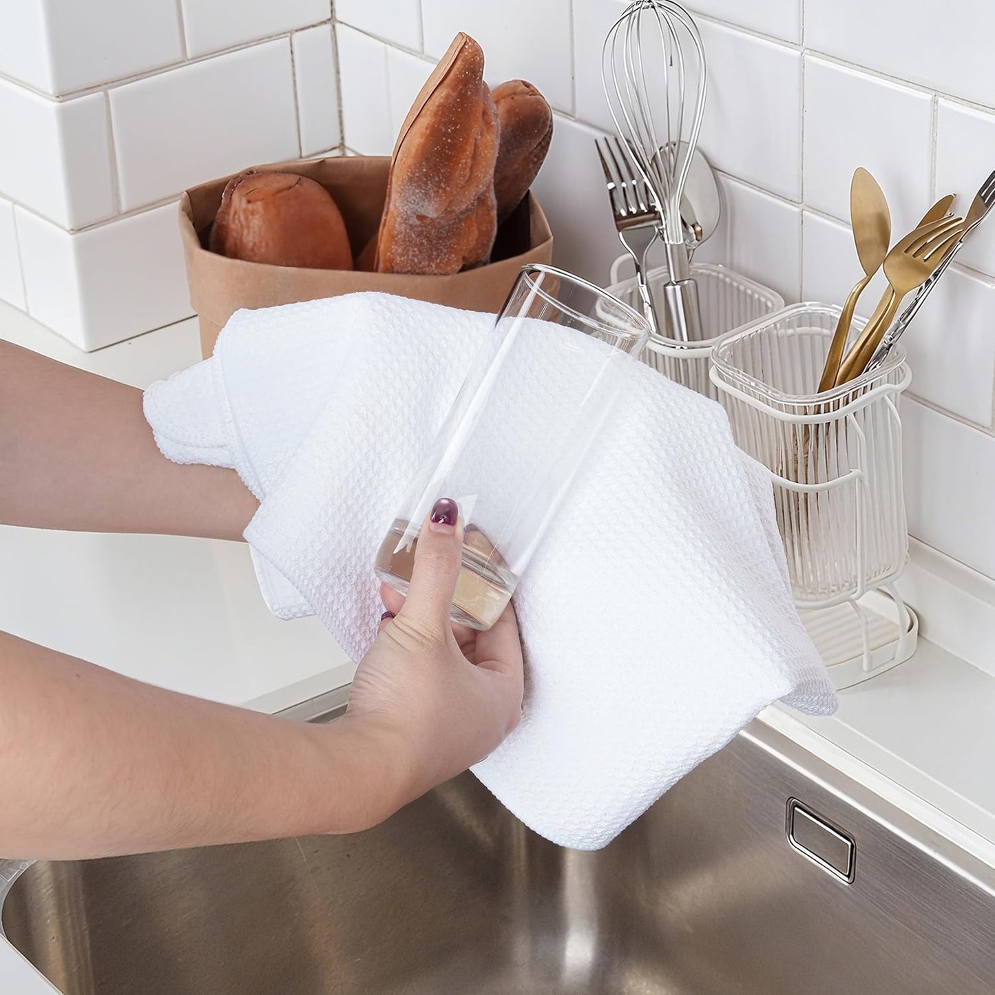 POLYTE Premium Microfiber Kitchen Dish Hand Towel Waffle Weave 12 Pack (16x28 in, White)