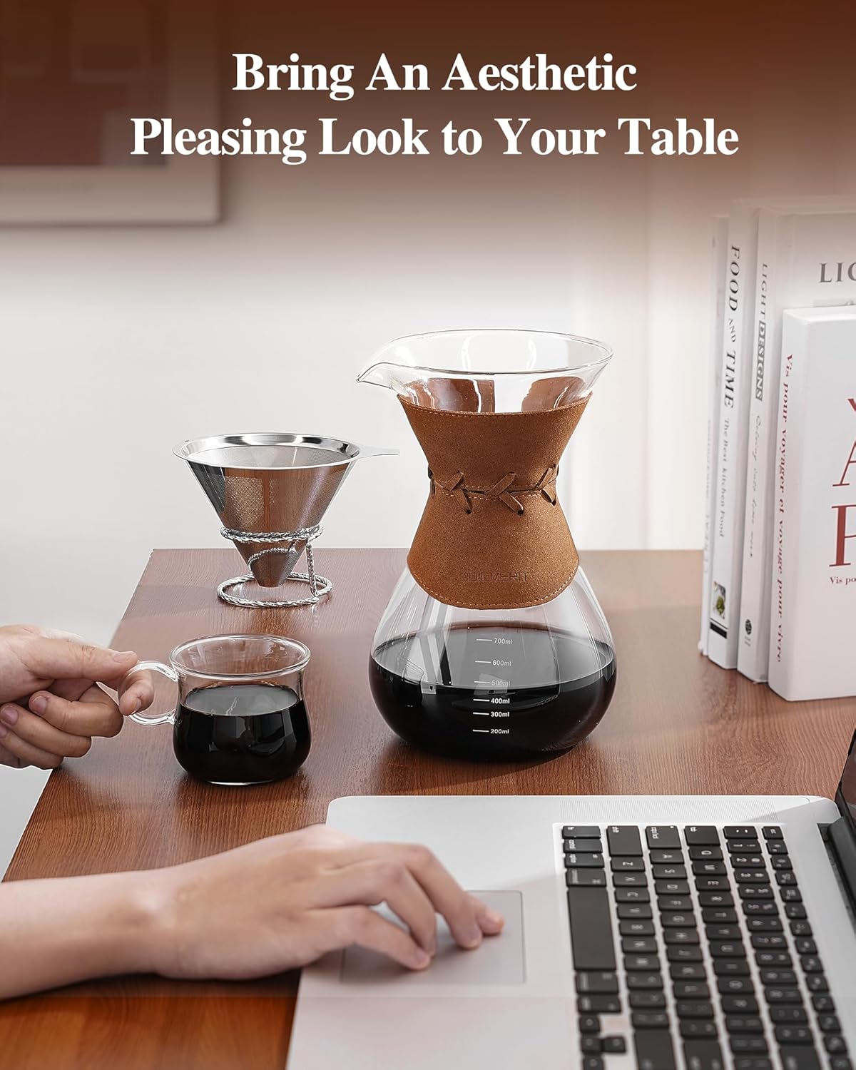 Pour Over Coffee Maker with Double-Layer Stainless Steel Filter - 27 oz Pour Over Coffee Dripper with Leather Collar, Heat Resistant 5 Cups Glass Coffee Carafe with Cork Lid for Hand Brewing Lovers