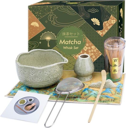 Matcha Whisk Set - 7 PCS Matcha Kit, Matcha Tea Set for Making Breakfast Green Tea Lattes - Whisk, Bowl with Spout, Whisk Holder - Gift for Tea Beginner, Friend, Daughter, Family