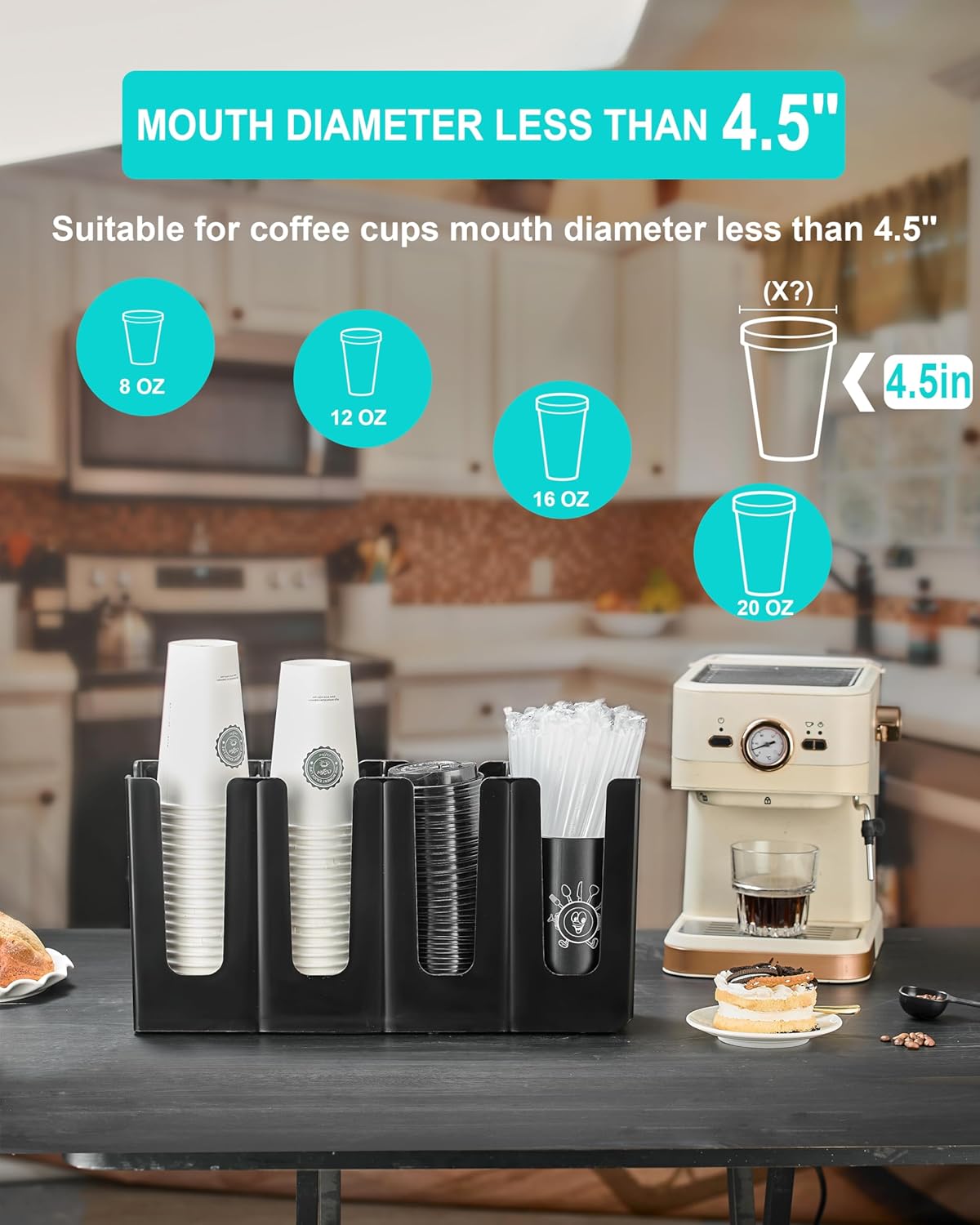 Cup Holder Lid Dispenser with Straw Organizer,Disposable Coffee Cup Dispenser,Cup Storage Organizer for Breakroom Countertop Coffee Station Bar Restaurant