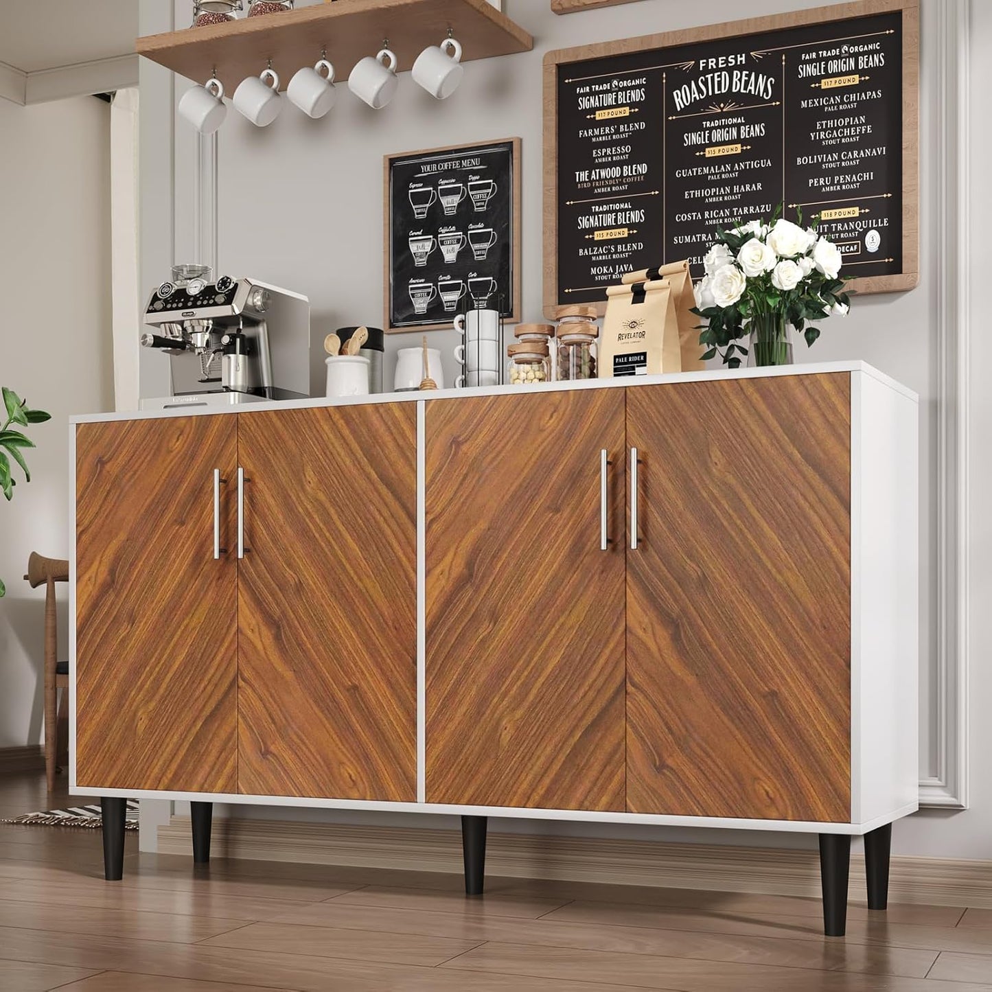 4 EVER WINNER Coffee Bar Cabinet with 4 Doors, Sideboard Buffet Cabinet with Storage, Walnut Buffet Cabinet with Storage with Adjustable Shelves for Kitchen,Living Room,White