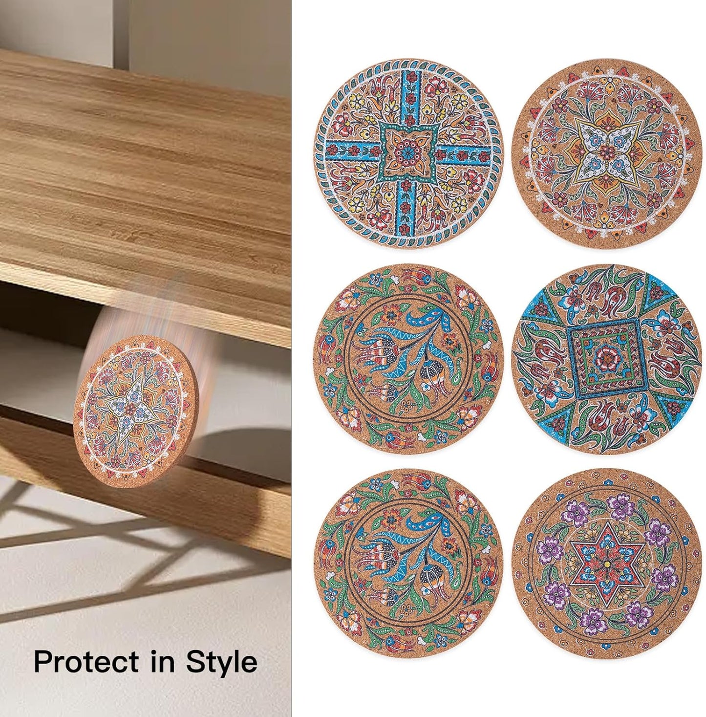 Coasters for Drinks 12 pcs Absorbent Cork Coasters with Turkish Mandala Pattrn for Coffee Table Housewarming Gifts for New Home Present for Friends, Living Room Decor, Apartment Decor