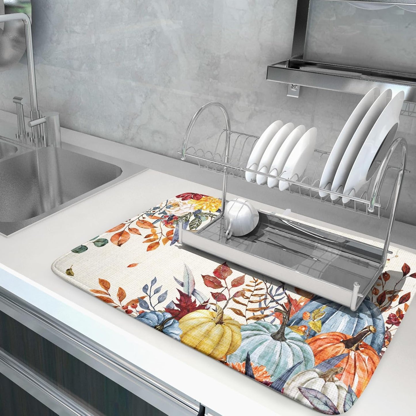 Giwawa Fall Dish Drying Mat for Kitchen Countertop, Watercolor Autumn Teal Blue Orange Pumpkins Floral Dish Drainer Mats, Thanksgiving Harvest Absorbent Dish Drying Pad Decor, 18x24 inch Large