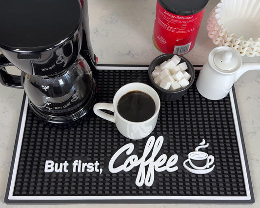 But First Coffee Mat for Countertop, Rubber Bar Mat and Coffee Bar Sign 18 x 12 in, Kitchen Accessories for Countertop, Bar Mats for Bartending