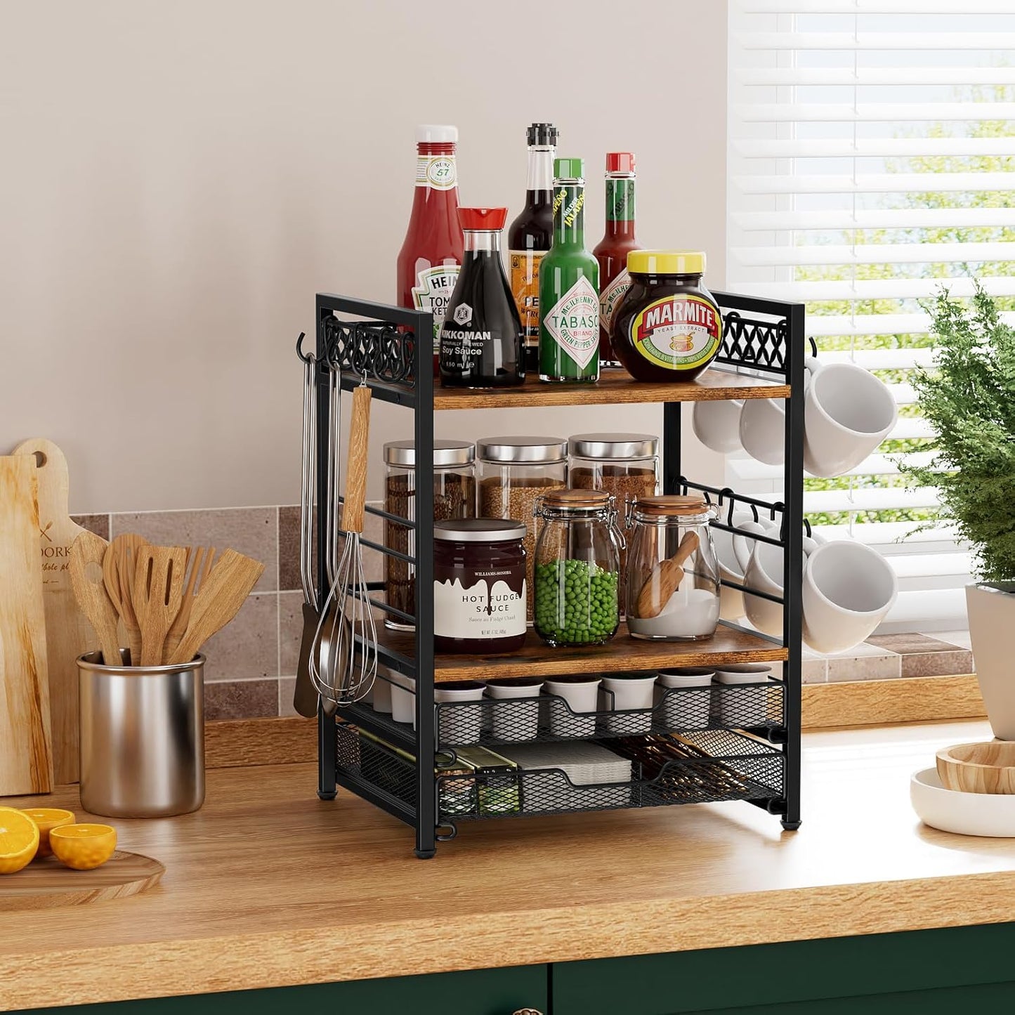 Coffee Bar Organizer Countertop Station Shelf - 4 Tier Mug Holder Stand With 12 Hooks, 30 K Cup Pod Drawer, Multifunctional Shelf for Accessories Kitchen