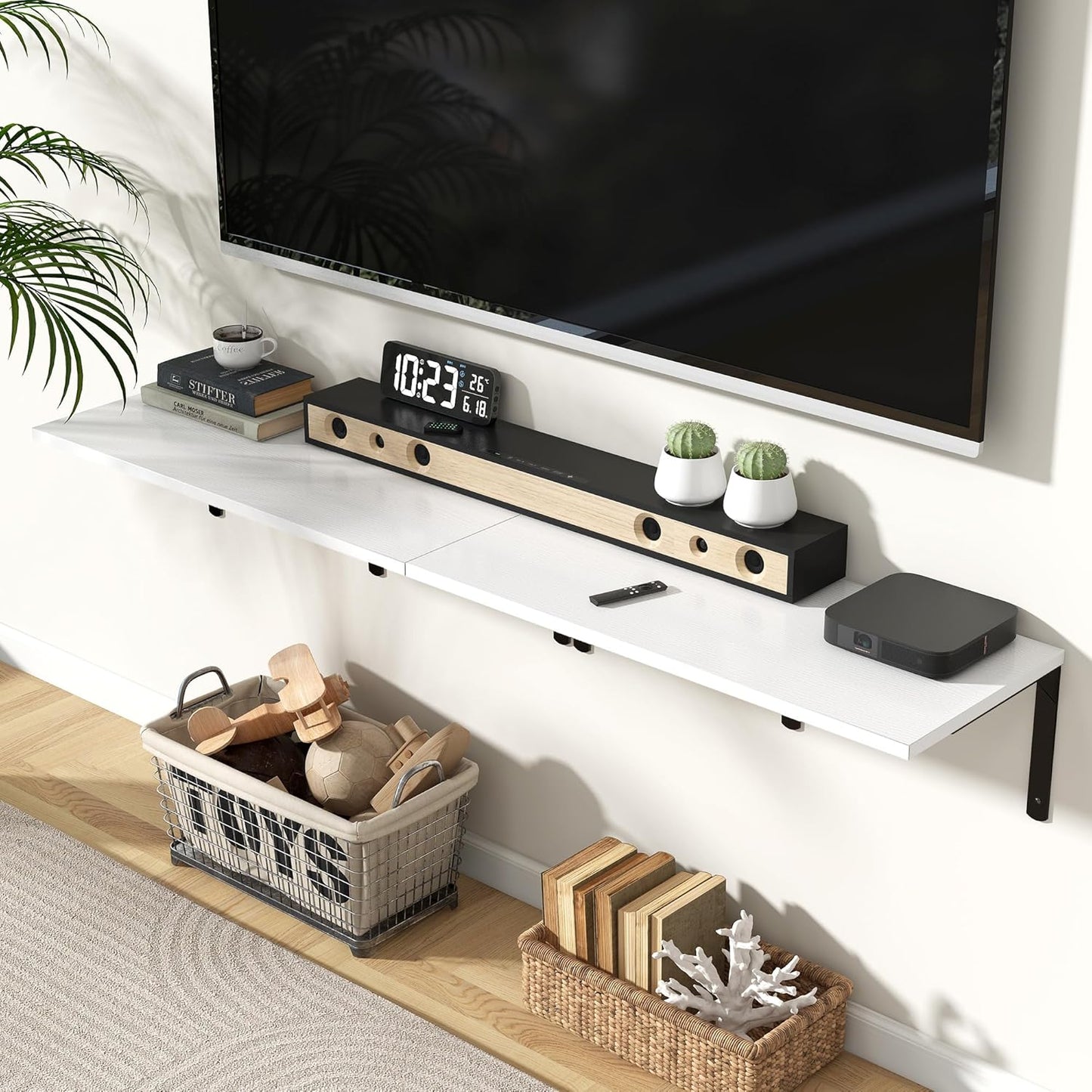 Fun Memories Floating Shelves for Wall, 12 Inch Deep Floating Shelves Set of 2, Wall Mounted Shelf with Metal Brackets, Rustic Wood Wide Shelf for Bathroom, Kitchen and Living Room, White, 32W x 12D