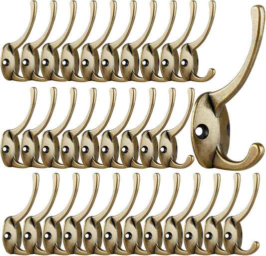 IBosins 32 Pack Antique Brass Coat Hooks Wall Mounted with 64 Screws Retro Double Hooks Utility Hooks for Coat, Scarf, Bag, Towel, Key, Cap, Cup, Hat