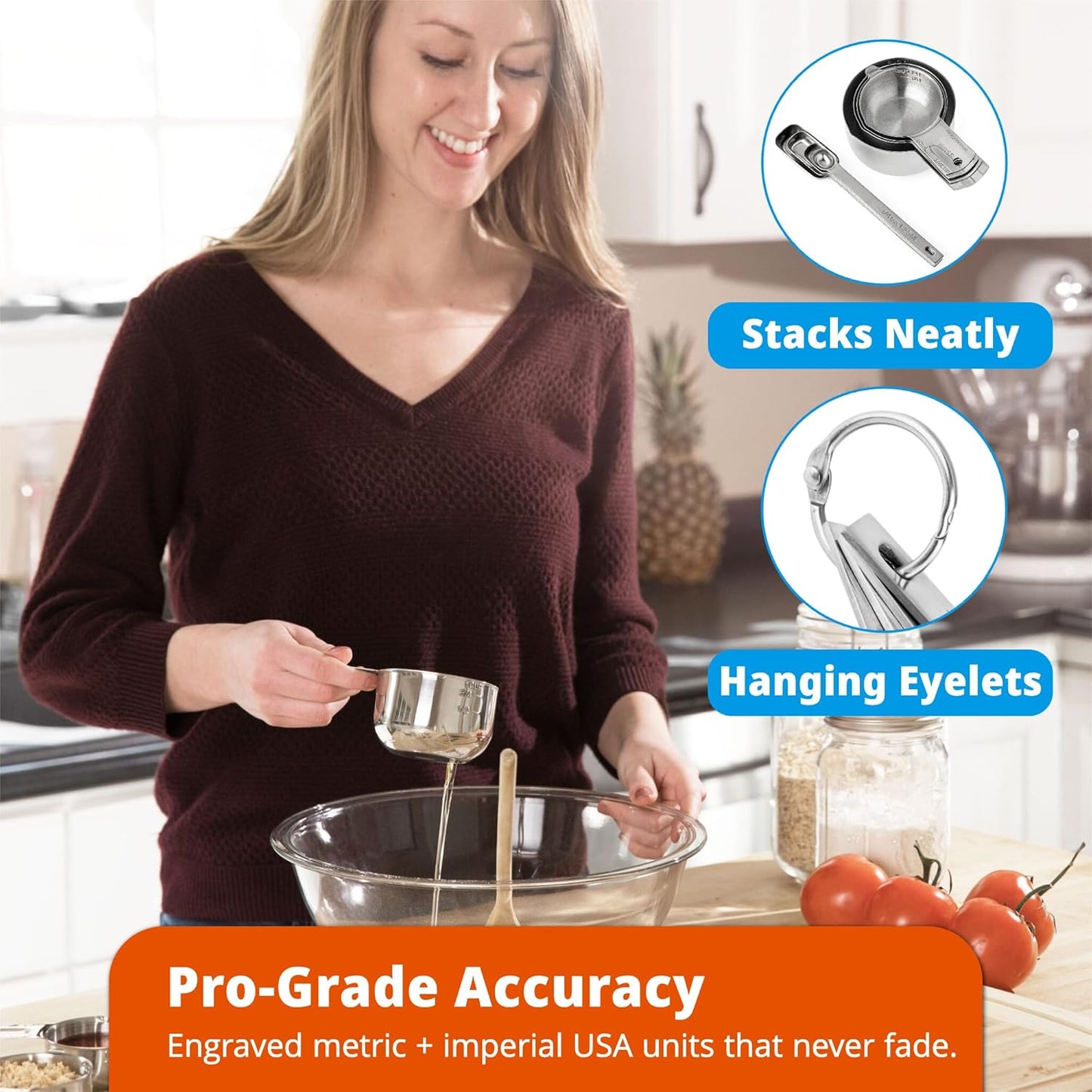 Heavy-Duty 304 Stainless Steel Measuring Cup Set (18-Piece) - Stackable, Dual Metric/US, Long & Narrow Spoons for Spice Jars + 5 Mini Spoons