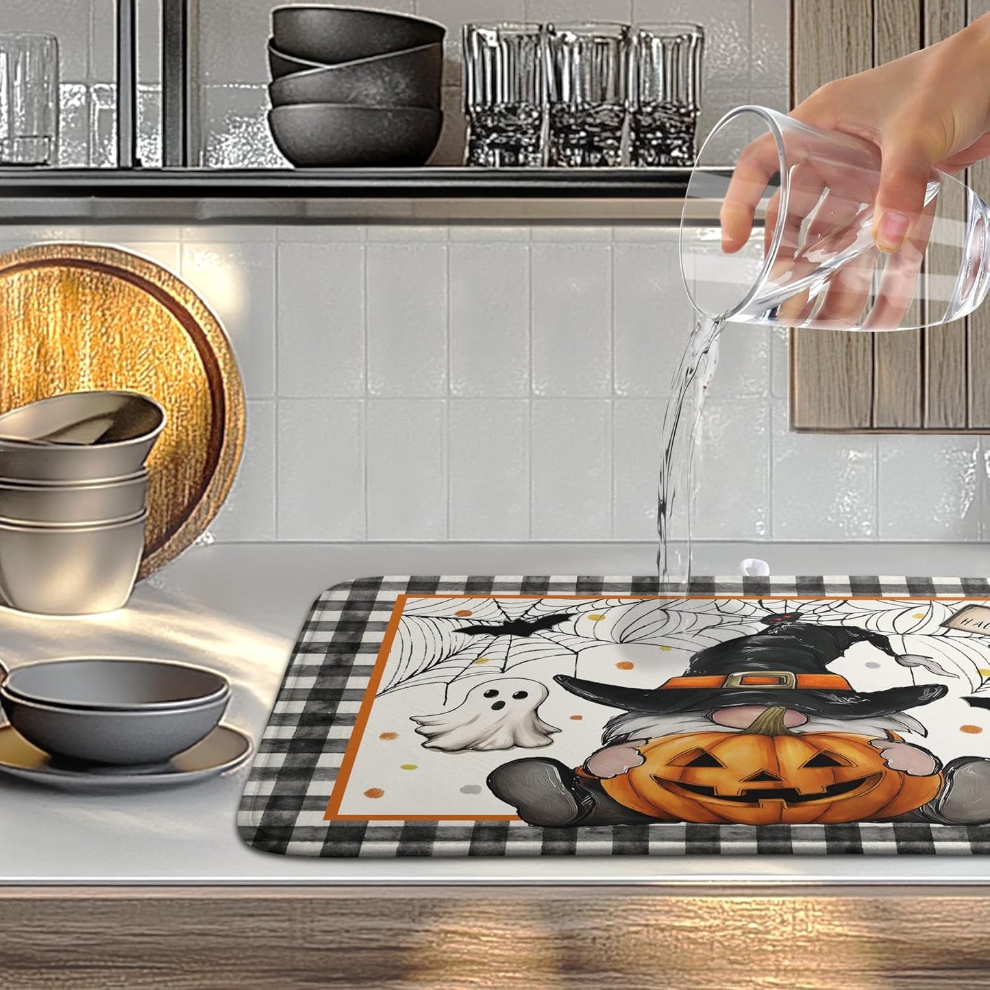 Halloween Gnomes Dish Drying Mat Bats Pumpkins Large Kitchen Mats Dish Drying Pad Buffalo Plaid Absorbent Dish Dryer Mat for Kitchen Countertops Microfiber Drainer Pad Dish Drying Mats (18x24 in)