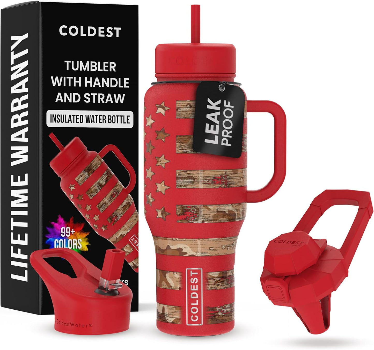 Coldest 40 oz Tumbler with Handle and Straw, 100% Leak Proof Insulated Tumbler with Lid and Straw (3 Lids), Stainless Steel Tumblers for Women & Men, Cup Holder Friendly, 36 oz (The Republican)