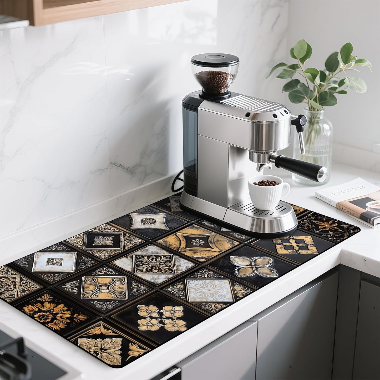 17"x 32" Coffee Bar Mat, Gingham Absorbent Dish Drying Mat Cuttable Hide Stain Draining Table Pad for Kitchen Counter, Coffee Bar Accessories