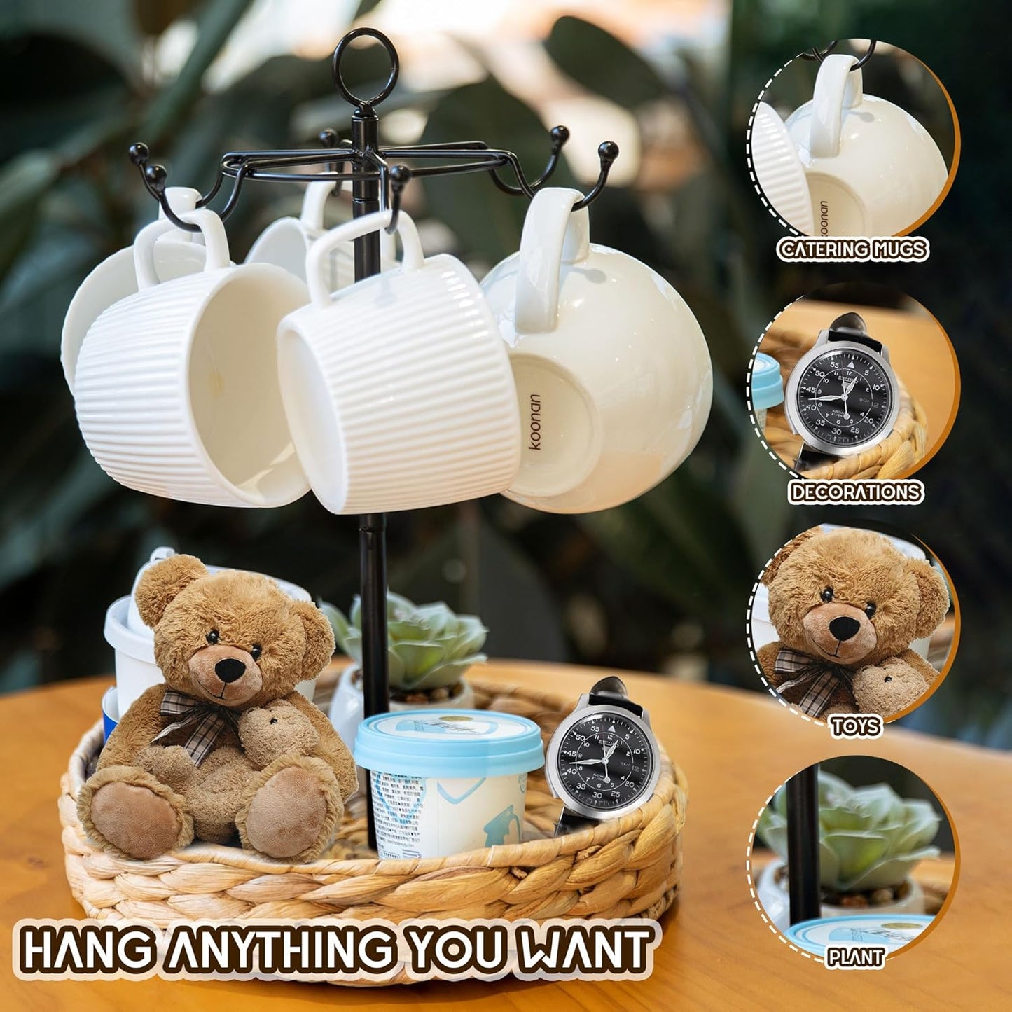 GENMOUS Farmhouse Coffee Mug Holder Stand with Woven Basket for Countertop, 2 Tier Handle Coffee Cup Tree Holder, CoffeeMugs Rack for 6 Mug Hooks with Cup Pods & Saucer Basket Storage for Bar Counter