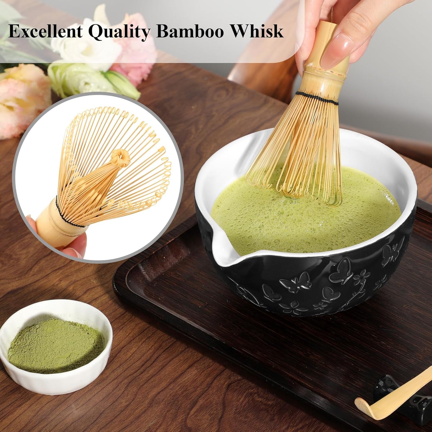 Matcha Whisk 7 PCS Matcha Whisk Set Ceramic Matcha Kit for Ceremony (Matcha Bowl, Bamboo Whisk and Holder), Matcha Tea Set for Making Breakfast/Latte Japanese Tea Tools for Ceremony Gift Black