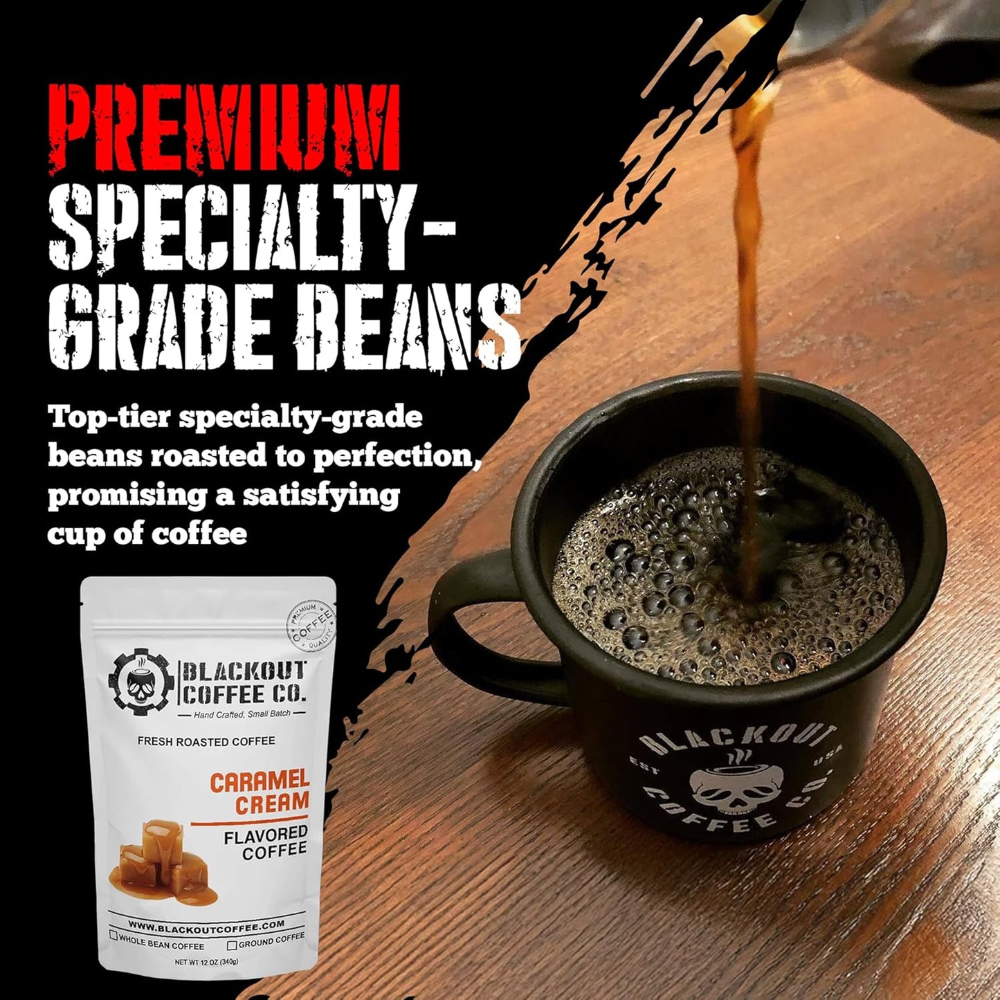Blackout Coffee Caramel Cream Flavored Coffee - Ground Coffee, Fresh Roasted In the USA,12 oz pouch