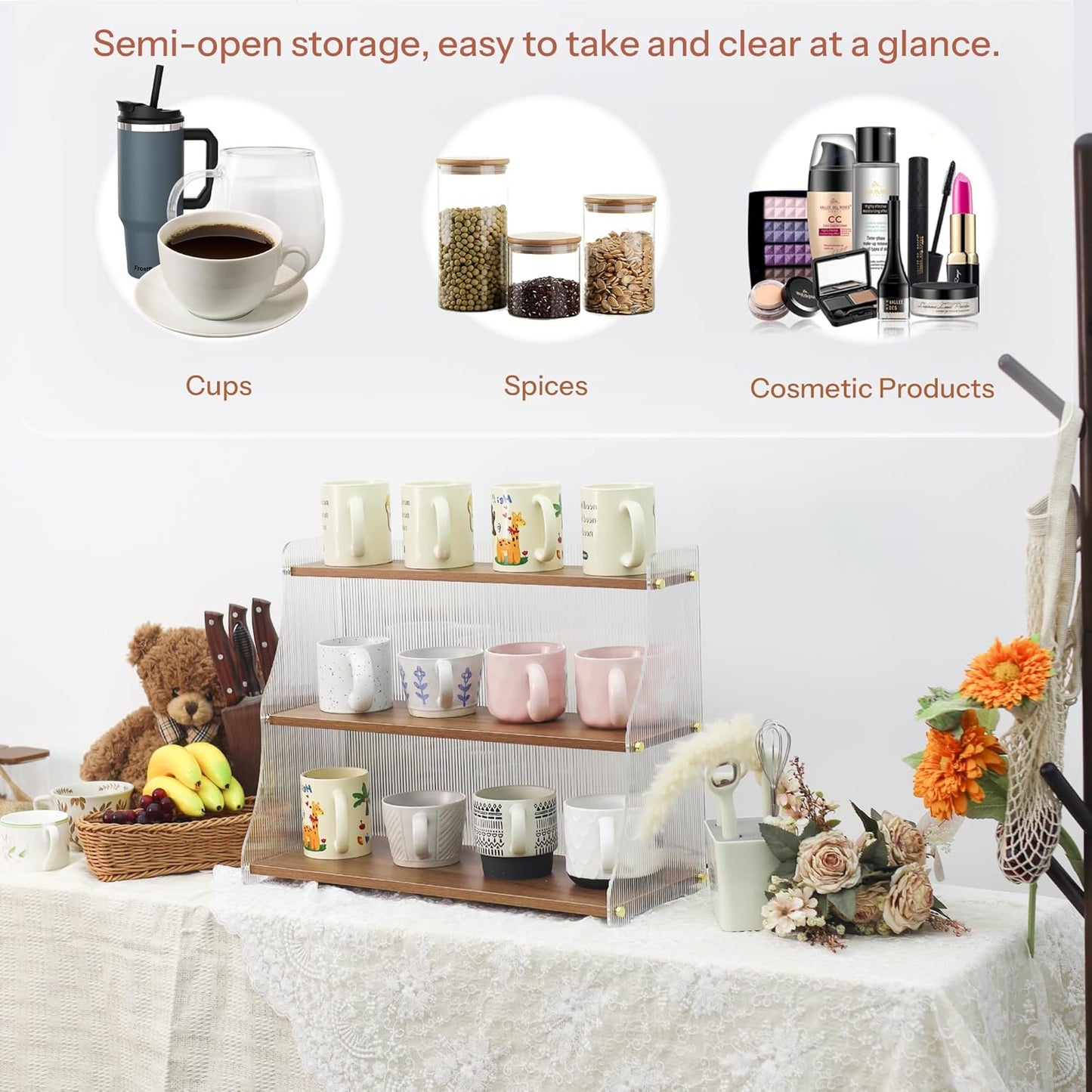 Coffee Mug Holder Wooden Cup Station Organizer 3 Tier Cup Holder for Coffee Bar Mug Display Rack for Countertop Mug Holder Shelf for Home Kitchen Trapezium-Nutbrown