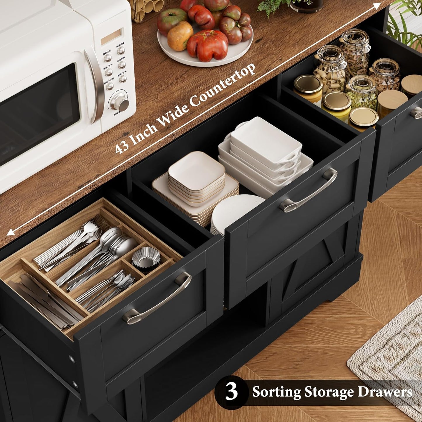 HIFIT 72" Large Kitchen Pantry Storage Cabinet with Barn Doors & Shelves, Farmhouse Tall Kitchen Hutch Wood Bar Cabinet w/3 Drawers, Microwave Stand, Cupboard Wine Rack for Dining Room, Pantry, Black