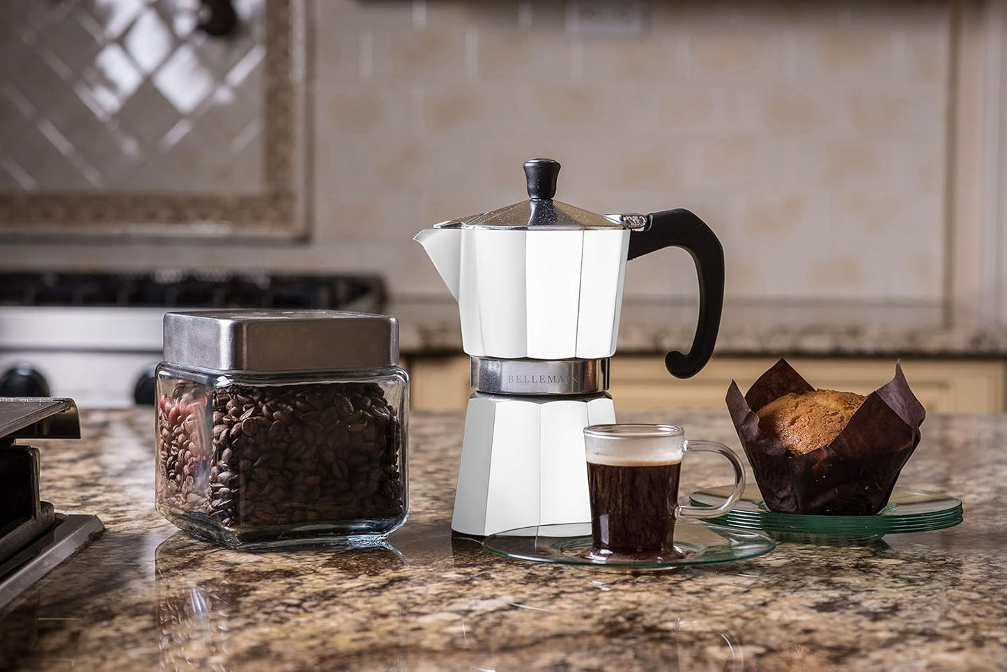 Bellemain Stovetop Espresso Maker | Italian Moka Pot Espresso Maker, Classic Aluminum Design Mocha Pot for Home Brewing & Camping | Easy to Use & Clean - 6-Cup, White