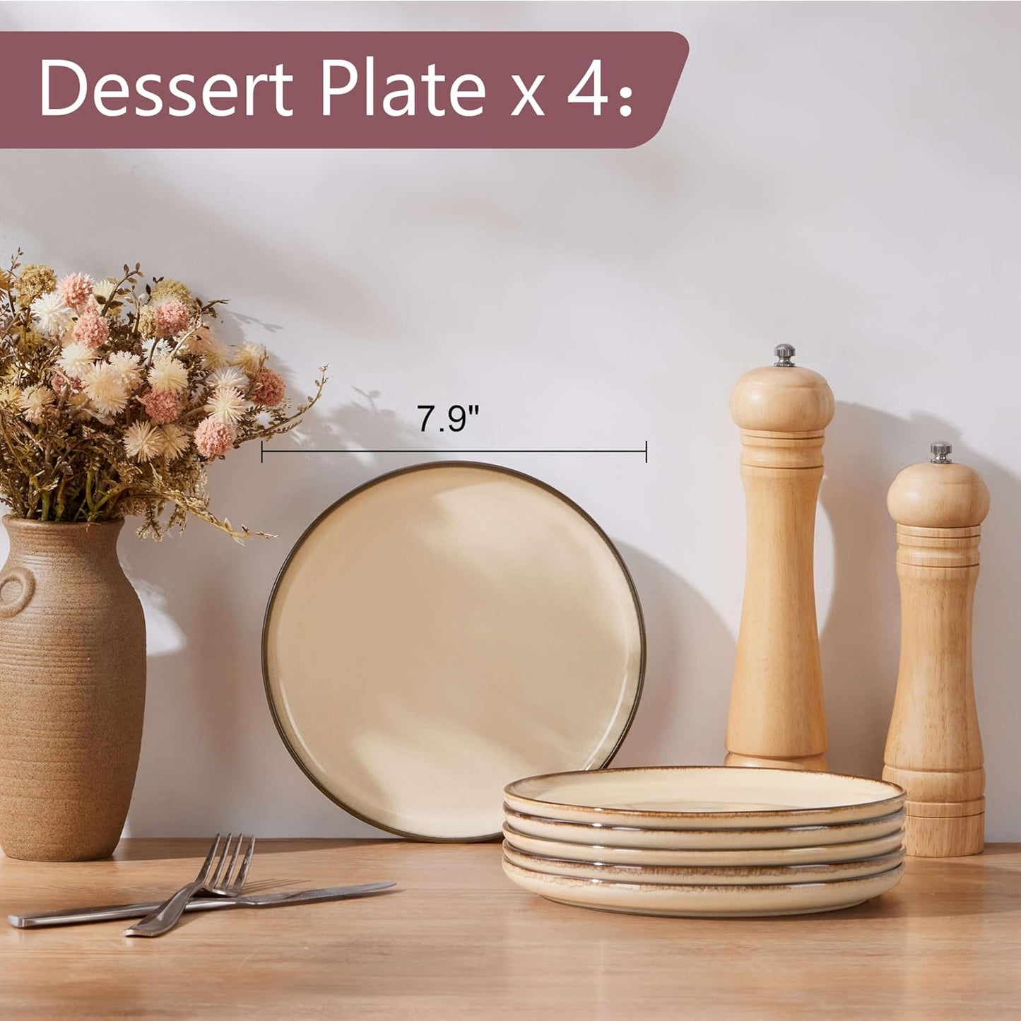 Herogo Ceramic 7.9 Inch Dinner Dessert Plates Set of 6, Small Stoneware Dinnerware Plate Set, Double Reactive Glaze Large Dinnerware Plates for Kitchen, Microwave, Oven & Dishwasher Safe, Cream Khaki