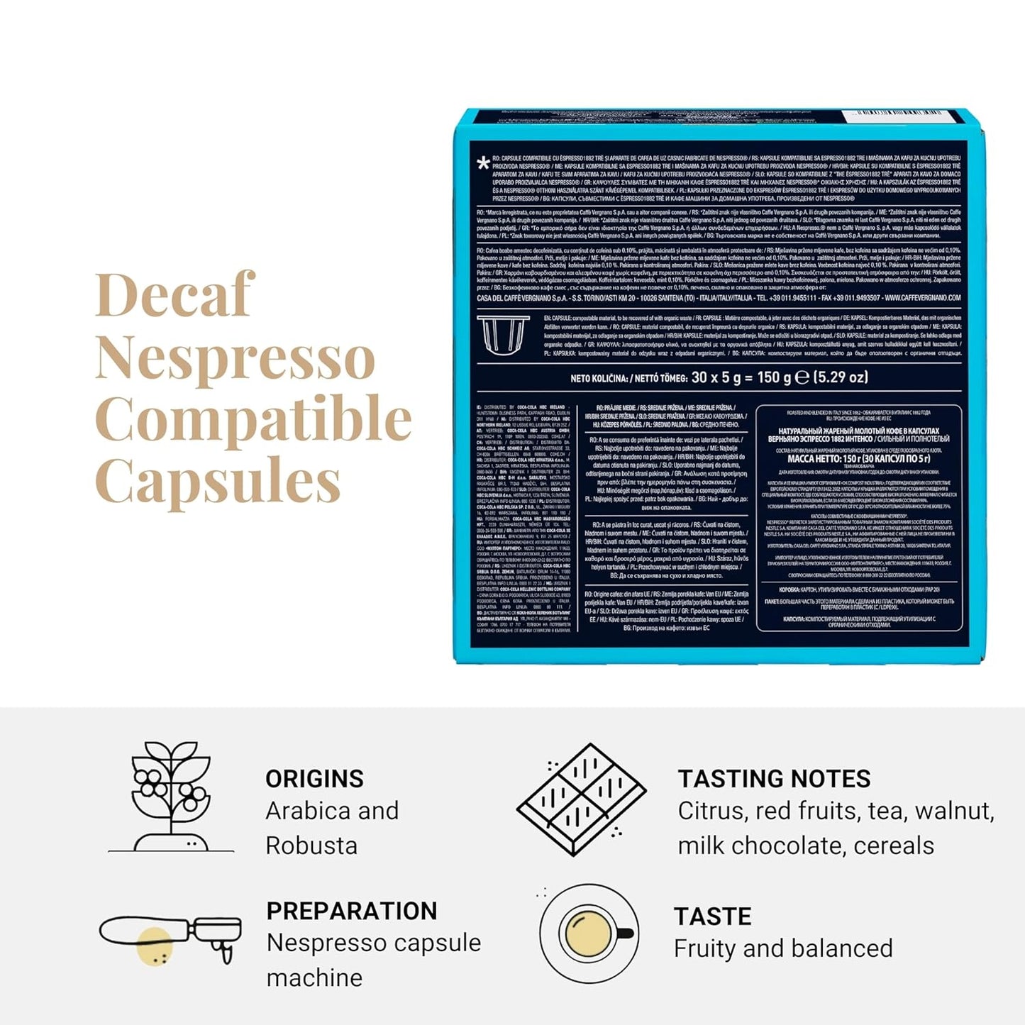 Caffe' Vergnano 1882 Decaf Medium Roast Espresso Original Line Machine Compatible Capsules, Arabica Robusta Espresso Coffee, Italian Coffee for Nespresso Machines, Intensity 5/10, Decaffeinato, 30 Ct