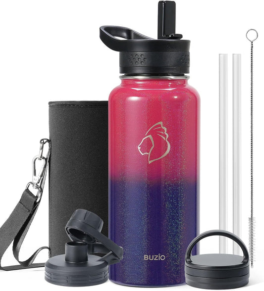 BUZIO 32 oz Water Bottle Insulated with Straw & 3 lid and Carrying Pouch, Leak Proof Anti-Slip Stainless Steel Water Flask Jug, Cold for 48 Hrs Double Vacuum Thermo Canteen, Pearlescent Red Black
