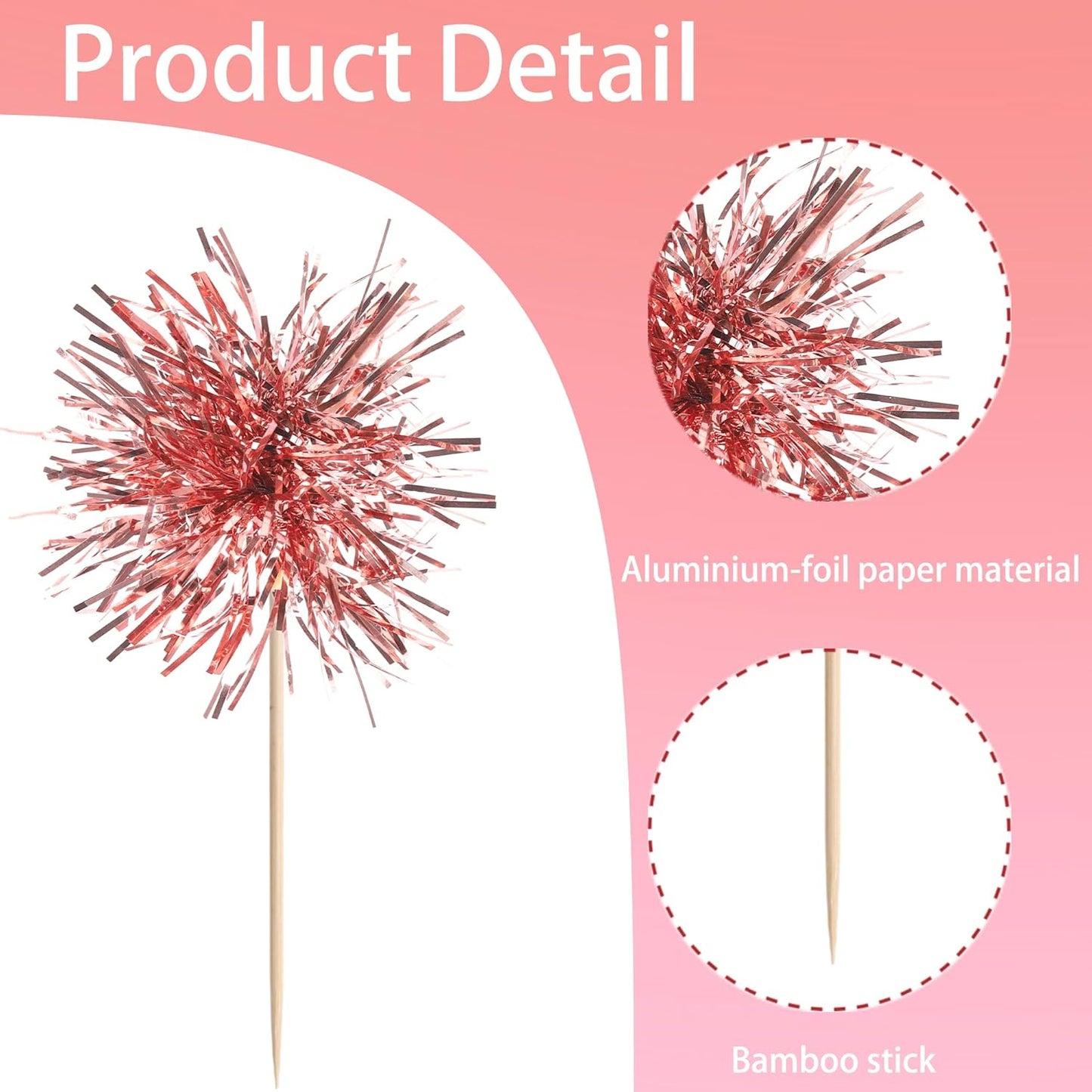 40 PCS Foil Firework Cupcake Toppers Rose Gold Sparkler Cupcake Picks Sparkle Tinsel Fireworks Decorations Cocktail Fruit Toothpick for Firework Theme Birthday Wedding Graduation Party Decor Supplies