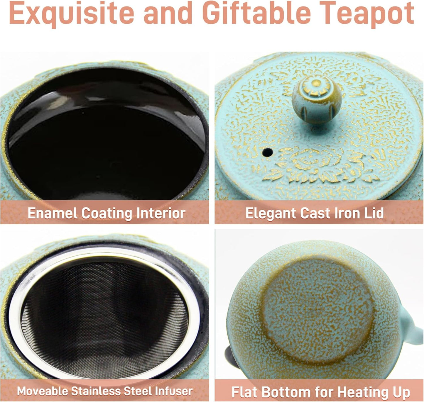 30.4oz Small Cast Iron Tea Kettle,SECHUDO Tea Pot Coated with Enameled Interior for Loose Tea, Cute Cast Iron Teapot with Stainless Steel Infuser for Stovetop Safe (900ml)