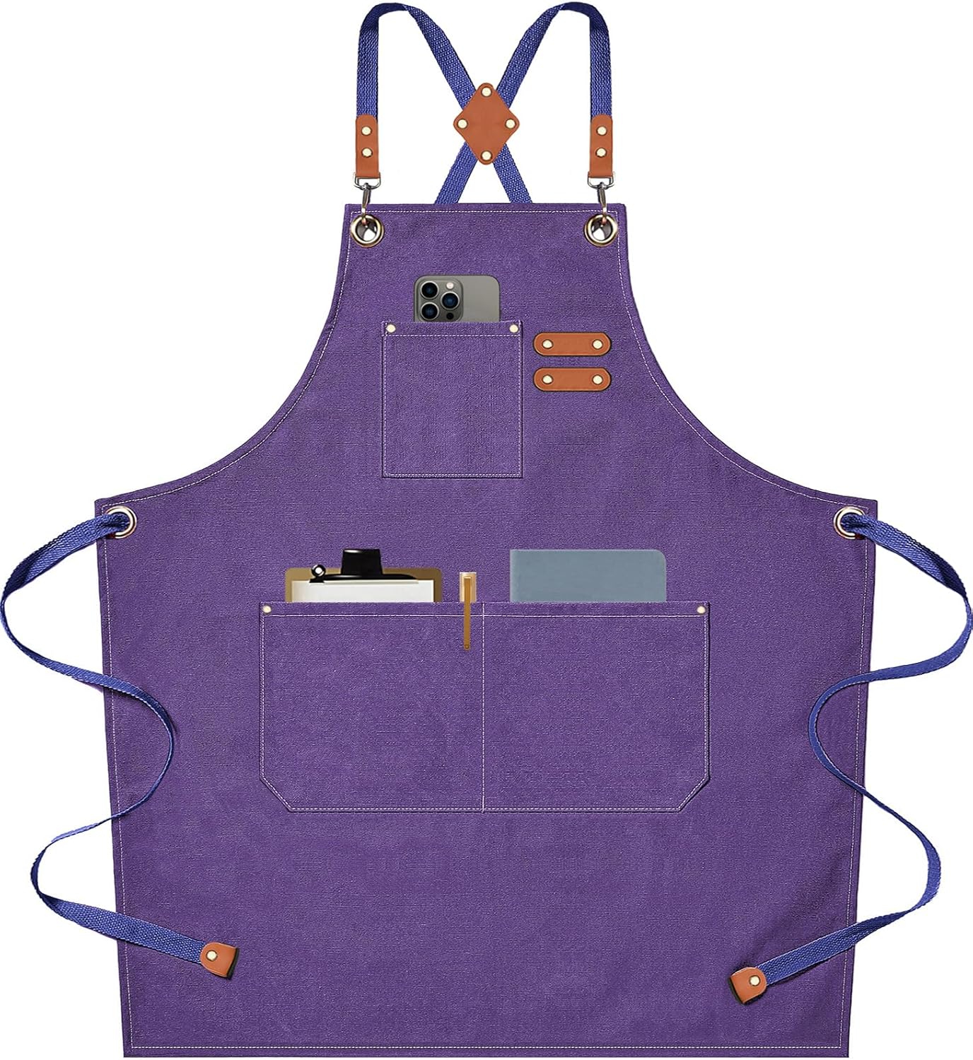 AFUN Chef Aprons for Men Women with Large Pockets, Cotton Canvas Cross Back Heavy Duty Adjustable Work Apron, Size M to XXL (Purple)