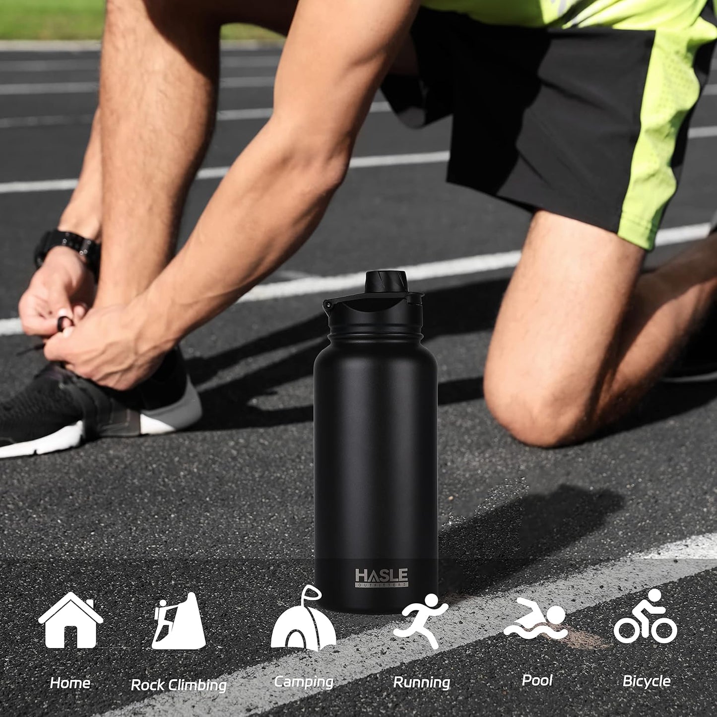 HASLE OUTFITTERS 32 oz Insulated Water Bottle Stainless Steel Double Walled Vacuum Sports Water Bottle with 2 Lids (Straw and Spout Lid) for Gym Camping Hiking(Black,8)